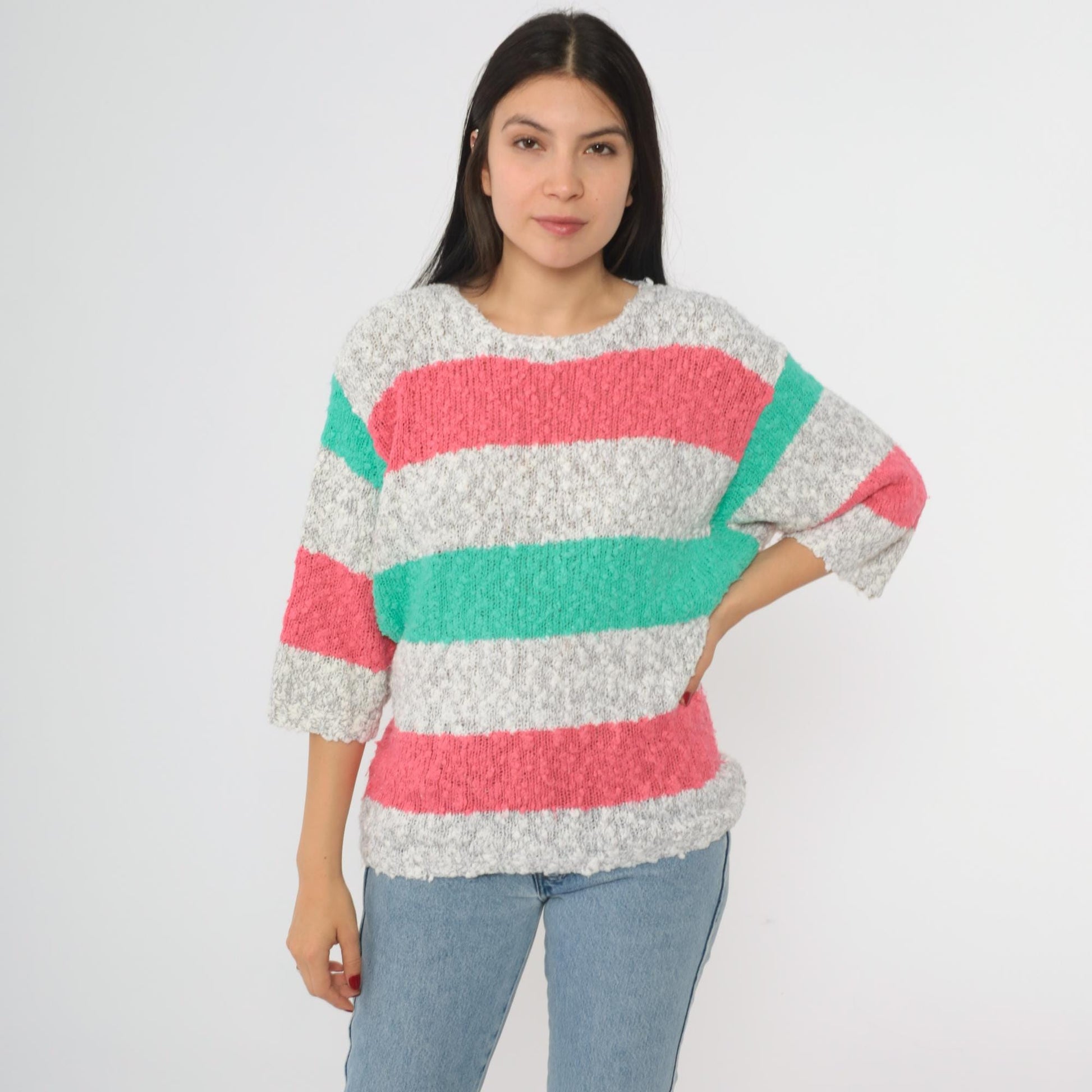 80s Striped Knit Sweater Pink Green Gray Crew Neck Short Sleeve Medium M