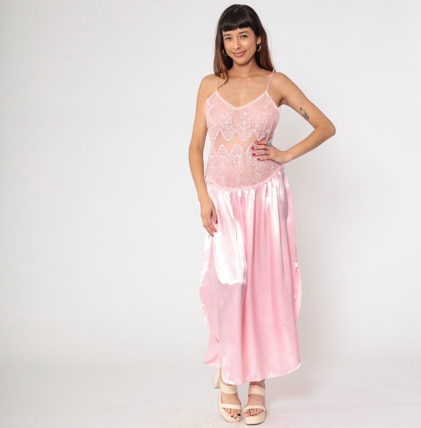 90s Gilligan O'Malley Pink Satin Slip Dress Maxi Lace Bodice Medium M