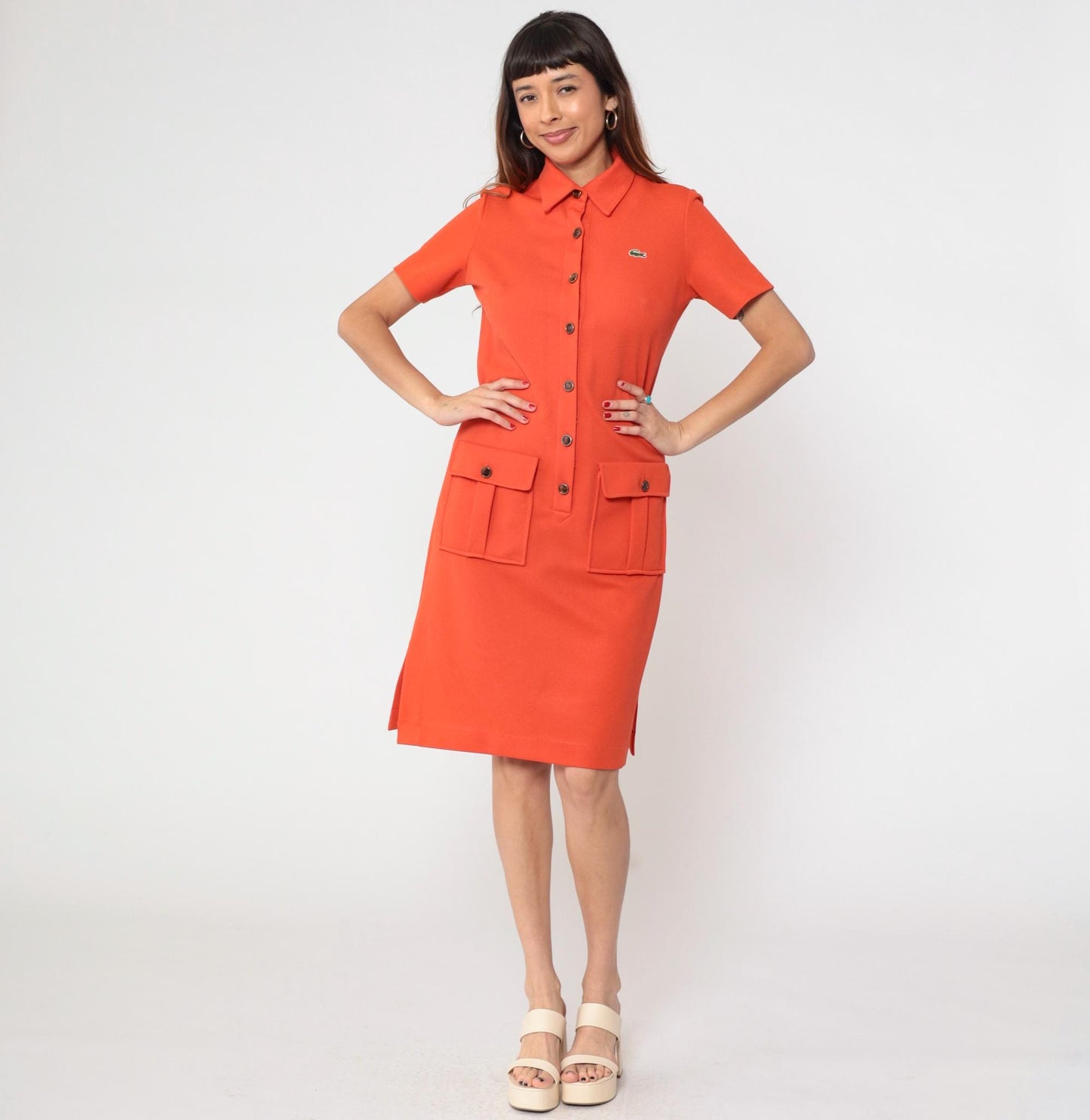 60s David Crystal Orange Polo Dress Pique Knit Button Front Medium