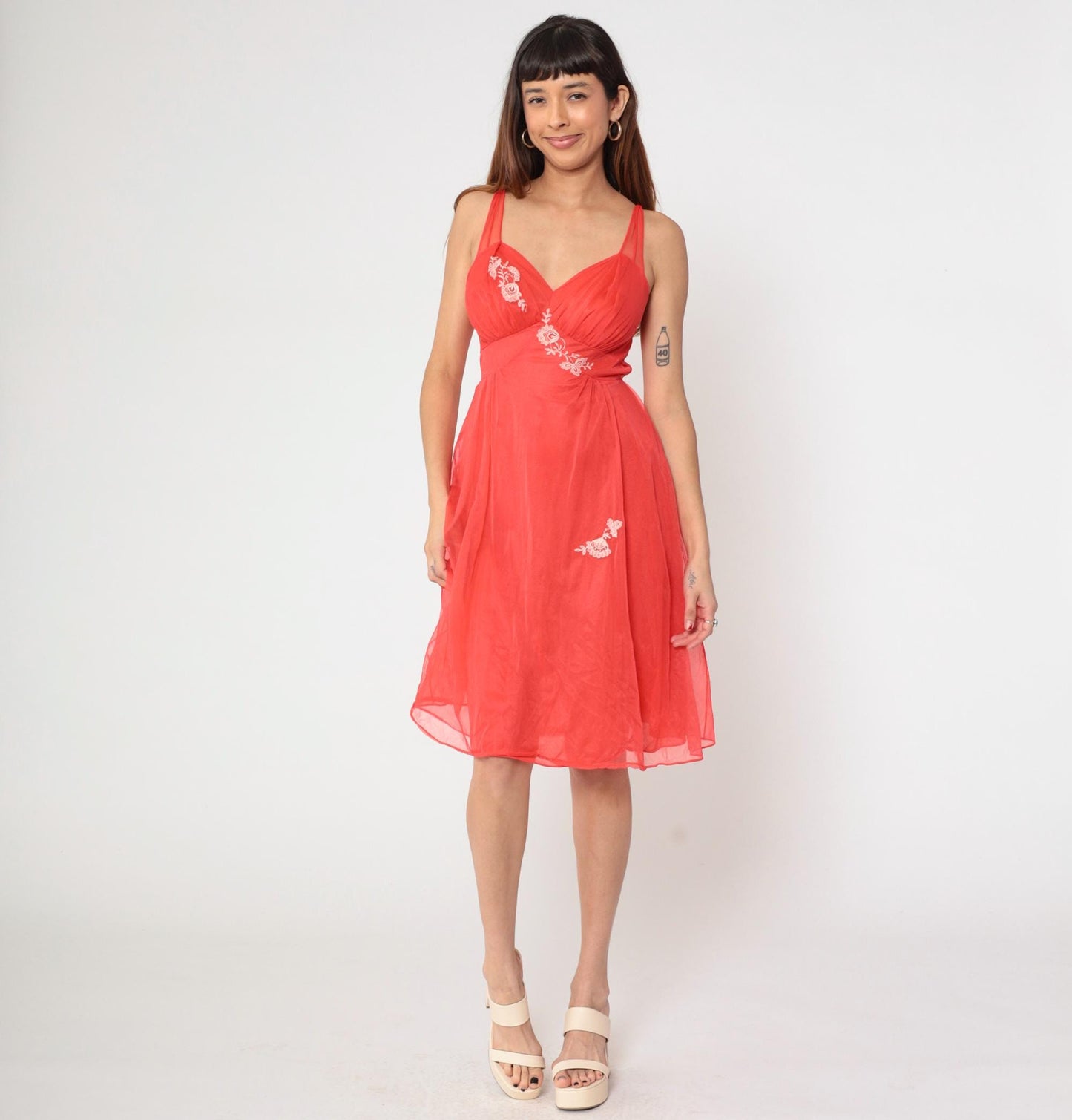70s Red Nylon Lingerie Slip Dress Floral Embroidered Empire Waist Midi Medium