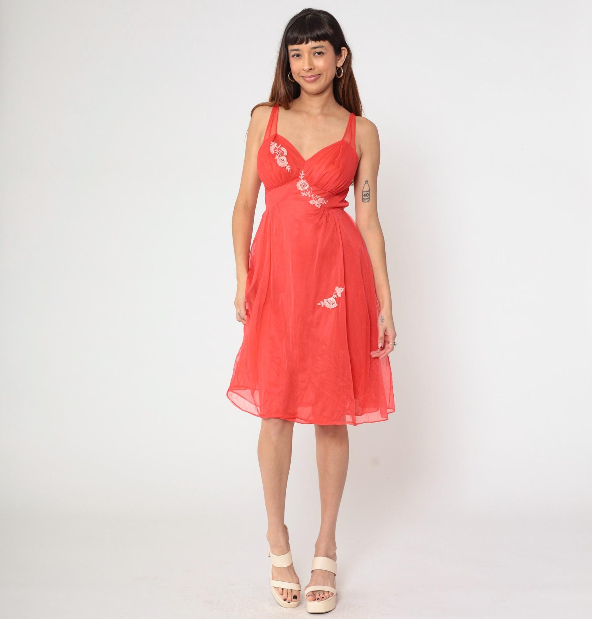 70s Red Nylon Lingerie Slip Dress Floral Embroidered Empire Waist Midi Medium