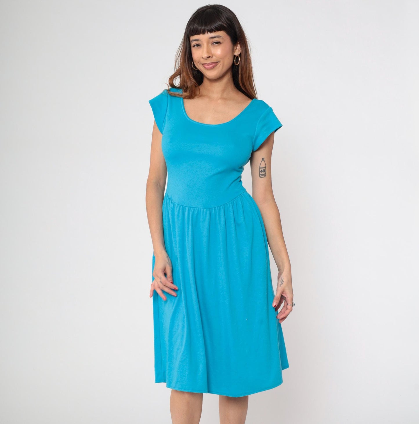 80s Byer Too Turquoise Midi Dress Fitted Bodice Cap Sleeve Small