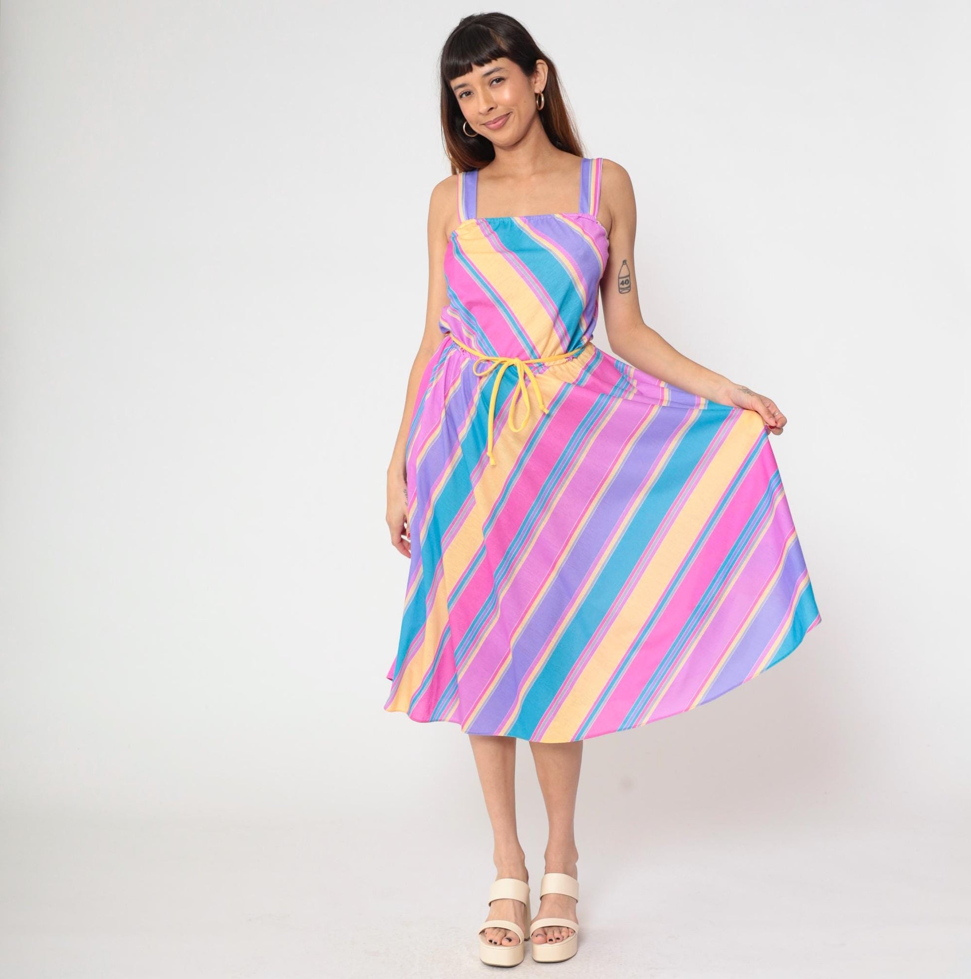 80s Pastel Rainbow Stripe Midi Sundress Square Neck Spaghetti Strap Small