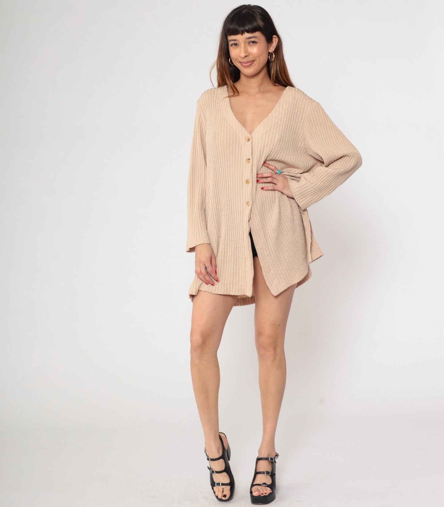 Y2K Kathryn Deene Ribbed Knit Cardigan Cream Button-Front V-Neck Medium