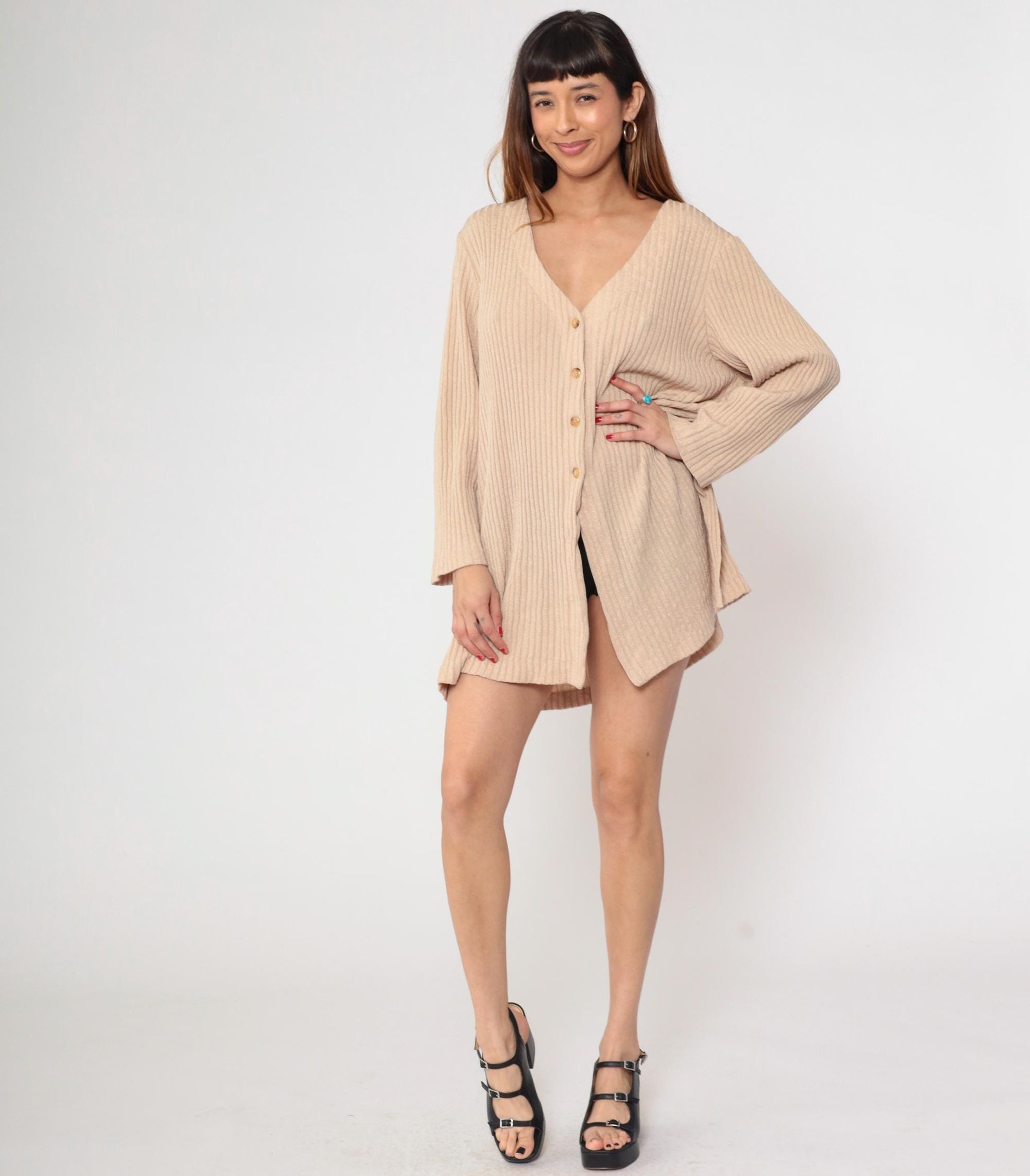 Y2K Kathryn Deene Ribbed Knit Cardigan Cream Button-Front V-Neck Medium