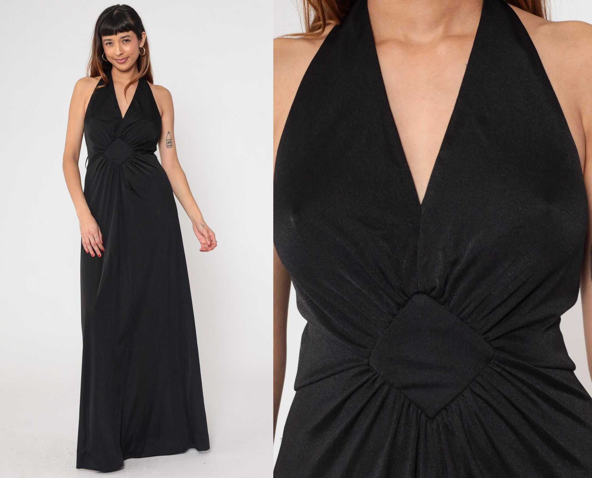 70s Black Halter Maxi Dress Plunging V Neck Open Back Empire Waist Medium