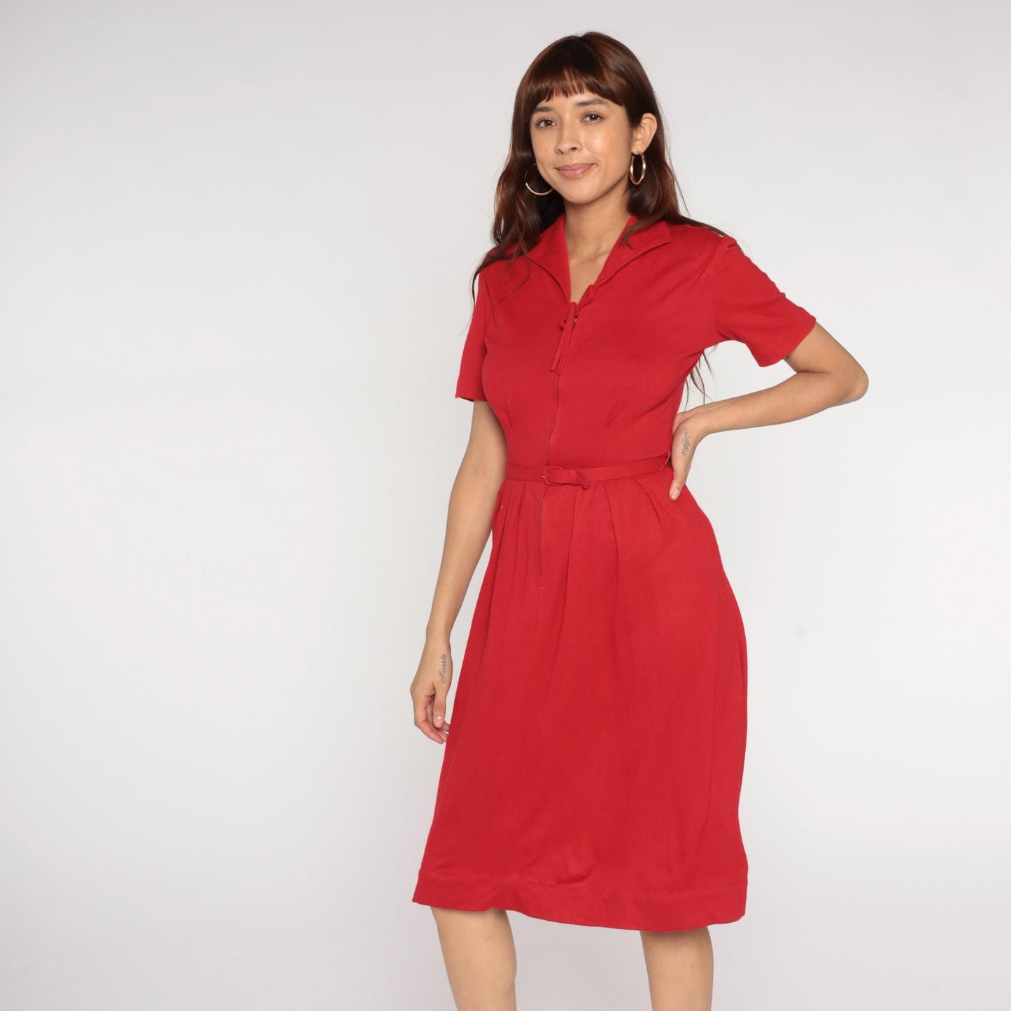 60s Toni Hunt Cherry Red Wool Blend Dress Notch Collar Belted Small