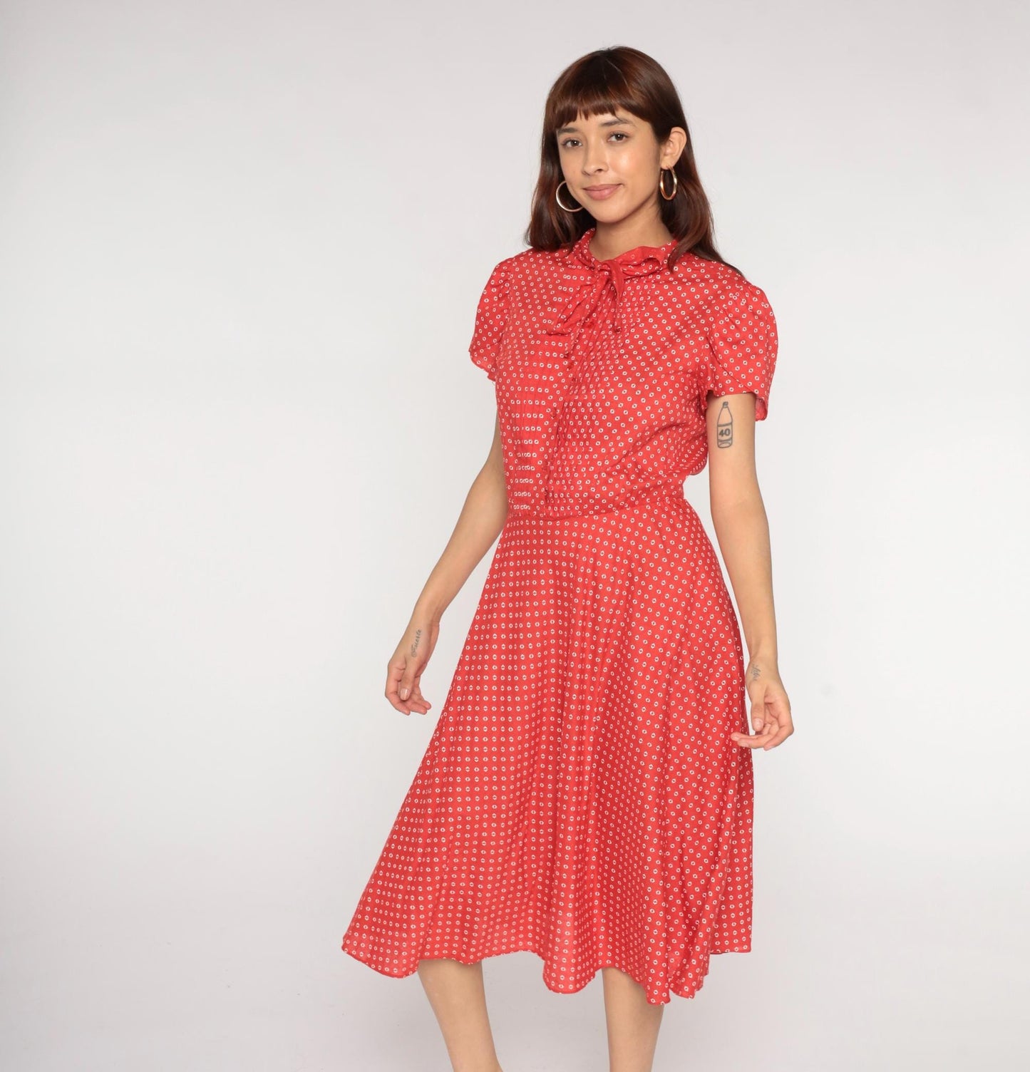 1970s Robbie Bee Red Geometric Diamond Print Midi Dress Bow Tie Medium