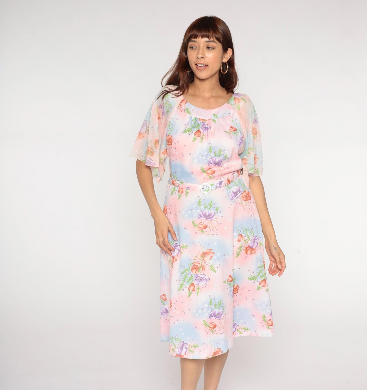 70s Lane Bryant Floral Midi Dress Pink Blue Rose Print Peter Pan Collar Large