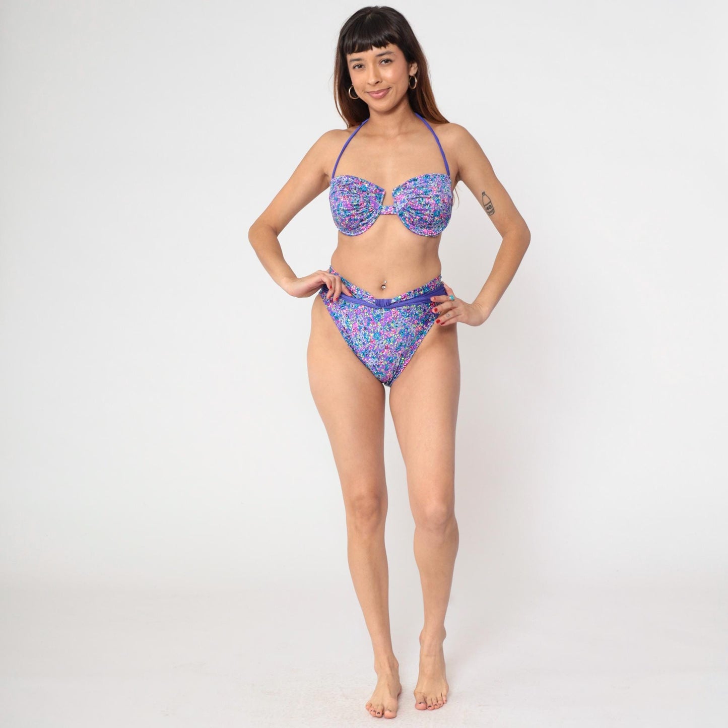 90s Sunsets Floral Bikini Purple Blue Pink Halter Underwire High Waist Medium