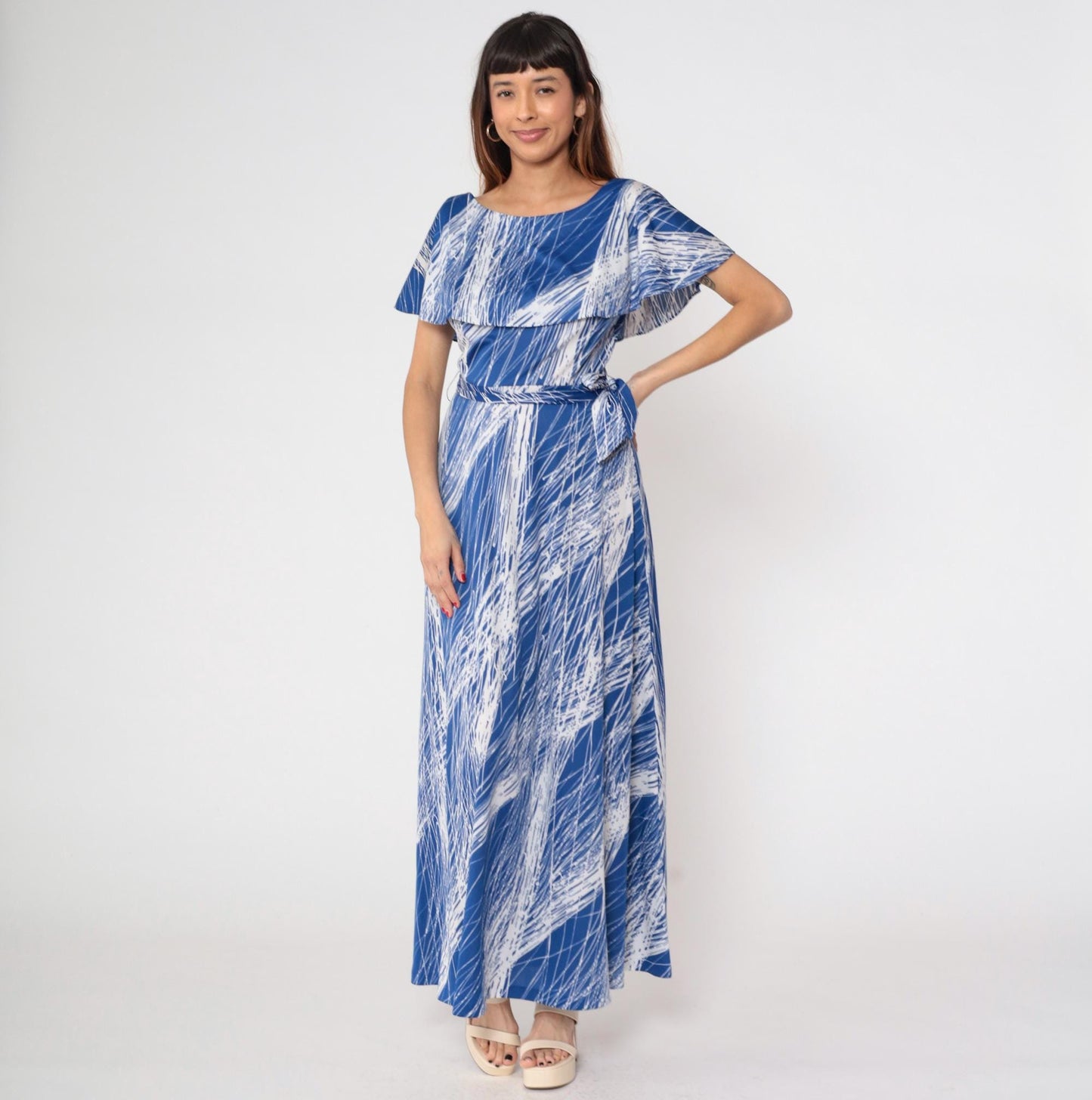 70s Mary Martin Maxi Dress Blue White Brushstroke Capelet Boat Neck Medium