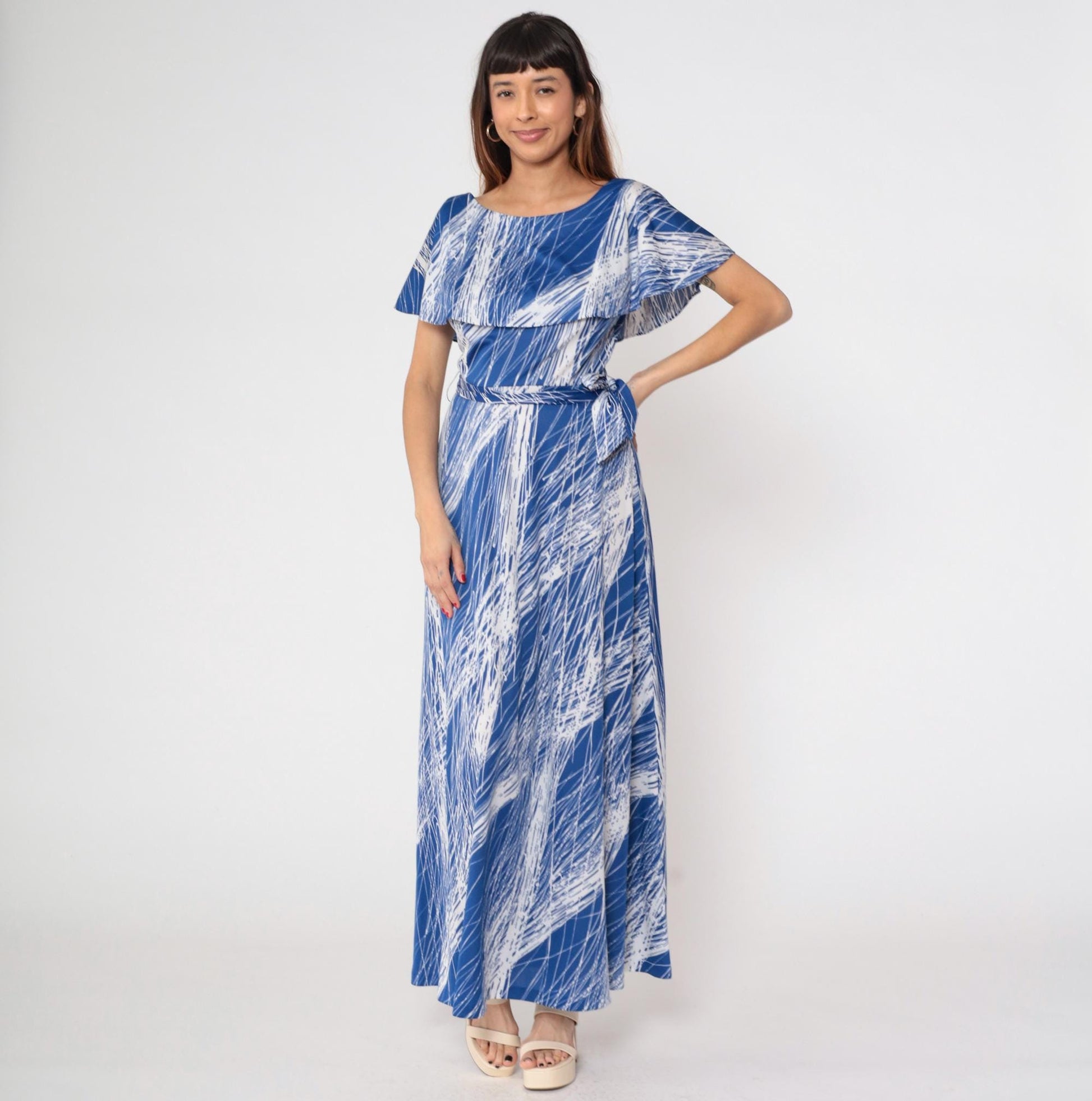 70s Mary Martin Maxi Dress Blue White Brushstroke Capelet Boat Neck Medium