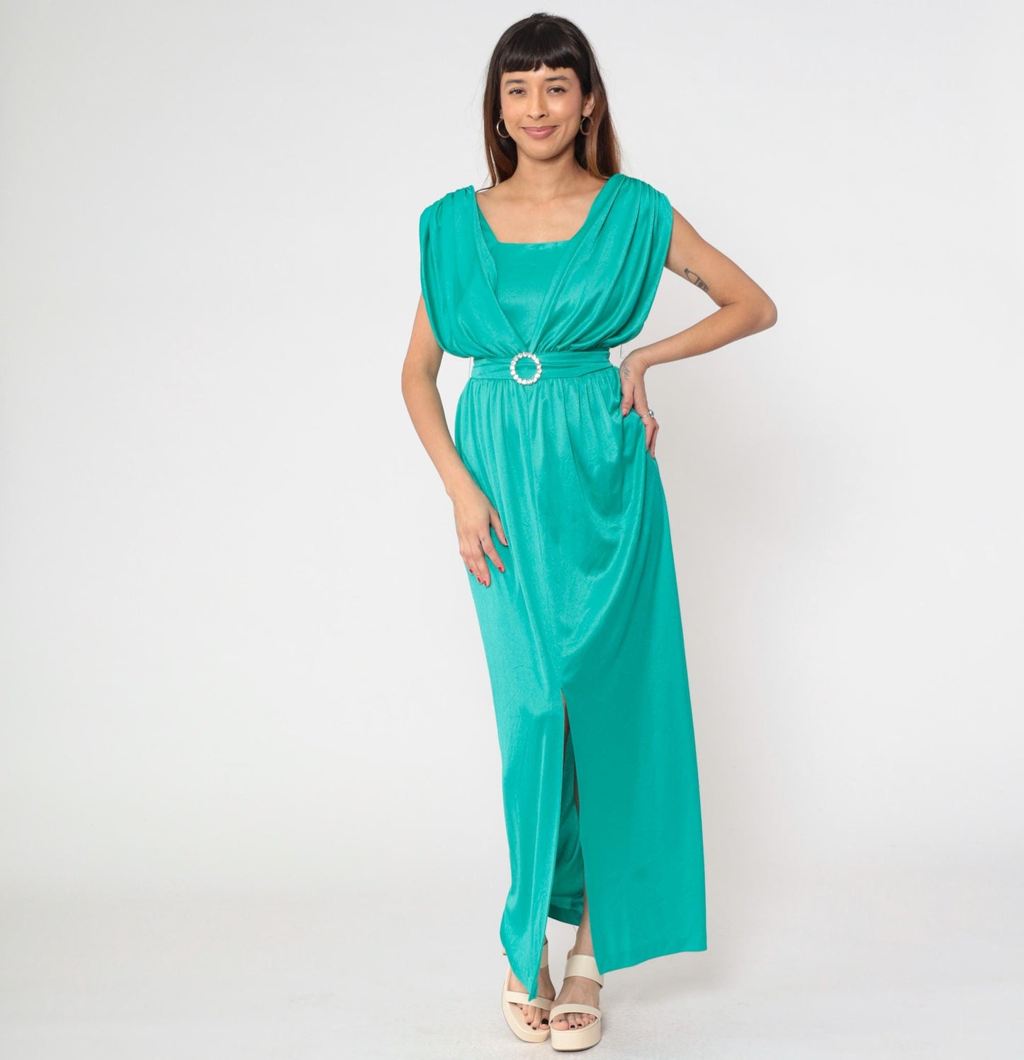 70s Mary Martin Teal Maxi Dress Rhinestone Buckle Square Neck Draped Slit Medium M