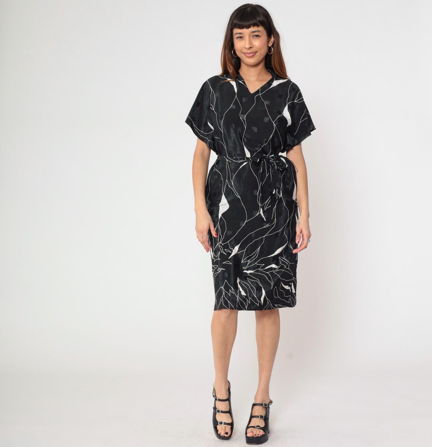 80s Brenner Petites Geometric Midi Dress Black White Abstract Print Belted Medium