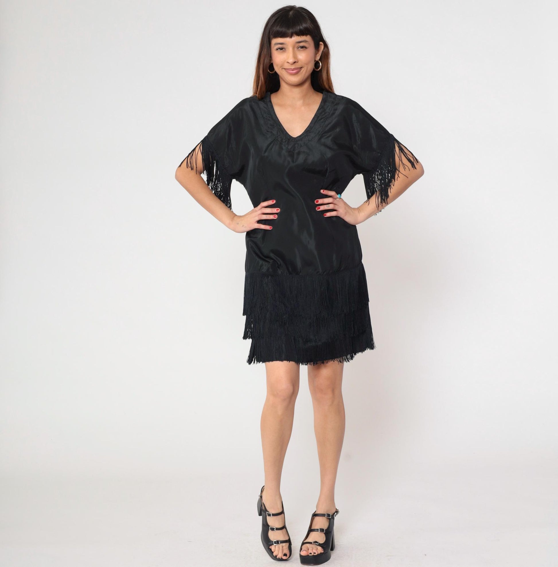 70s Black Fringe Mini Shift Dress V-Neck Tassel Sleeve Cocktail Medium M