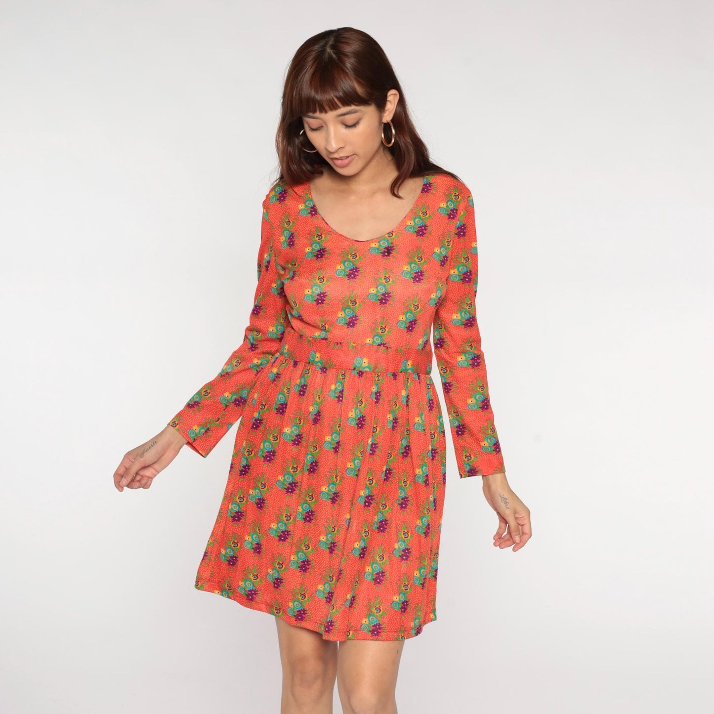 70s Avalon Classics Floral Mini Dress Coral Orange Empire Waist Long Sleeve Medium