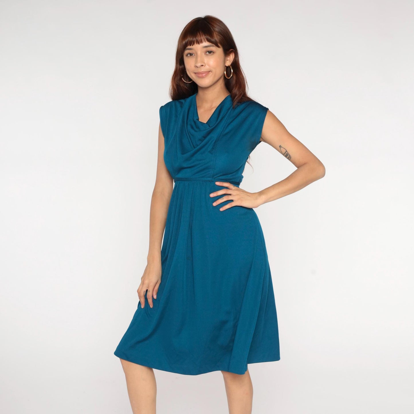 70s Teal Cowl Neck Midi Dress Empire Waist A-line Sleeveless Small