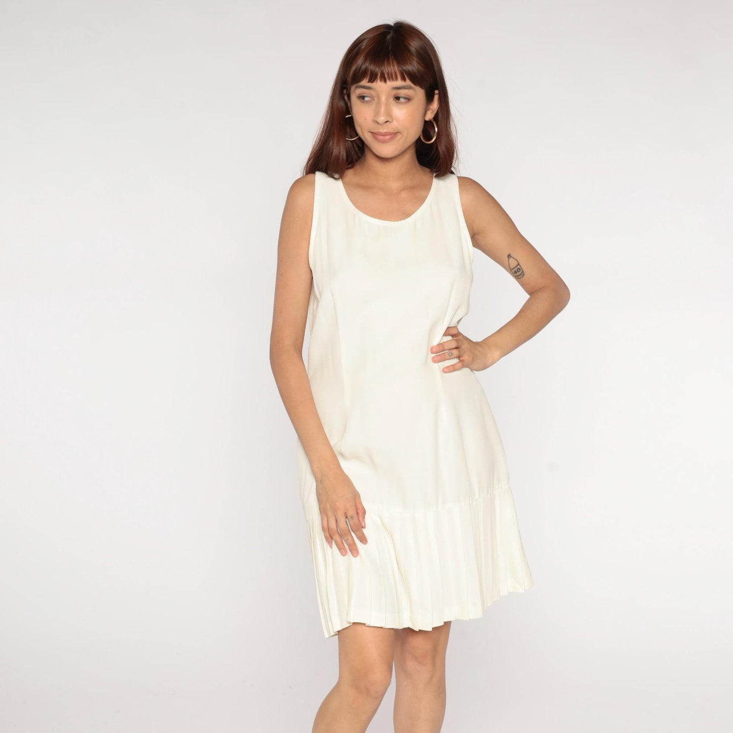 90s Ivory Sleeveless A-Line Dress Pleated Hem Drop Waist Scoop Neck Large