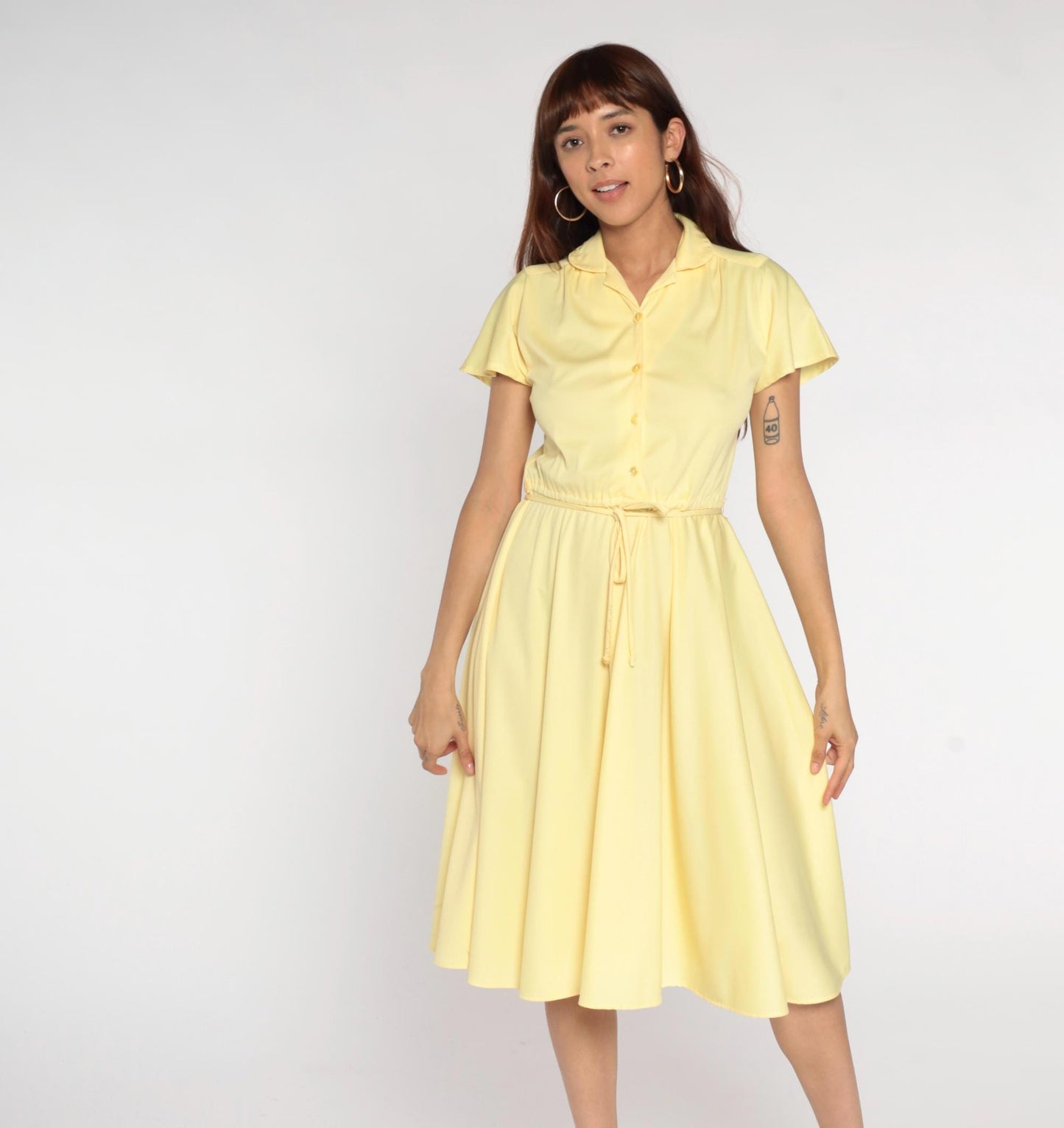 70s Union Made Pale Yellow Shirt Dress Midi Button Front Tie Belt Medium
