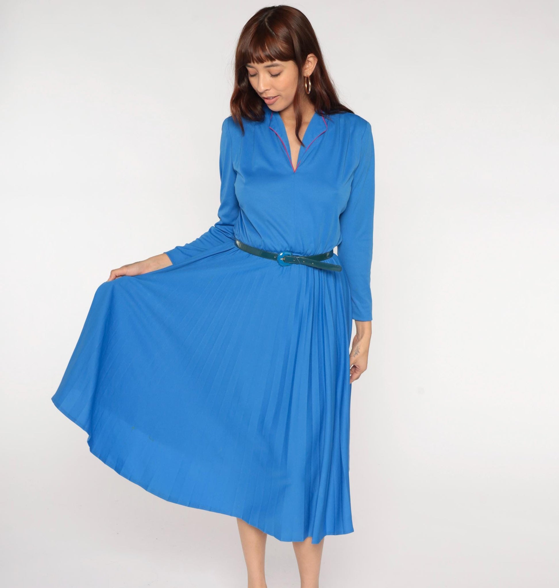 70s Royal Blue Midi Dress Red Piping Notch Collar Pleated Skirt Belt Medium Large