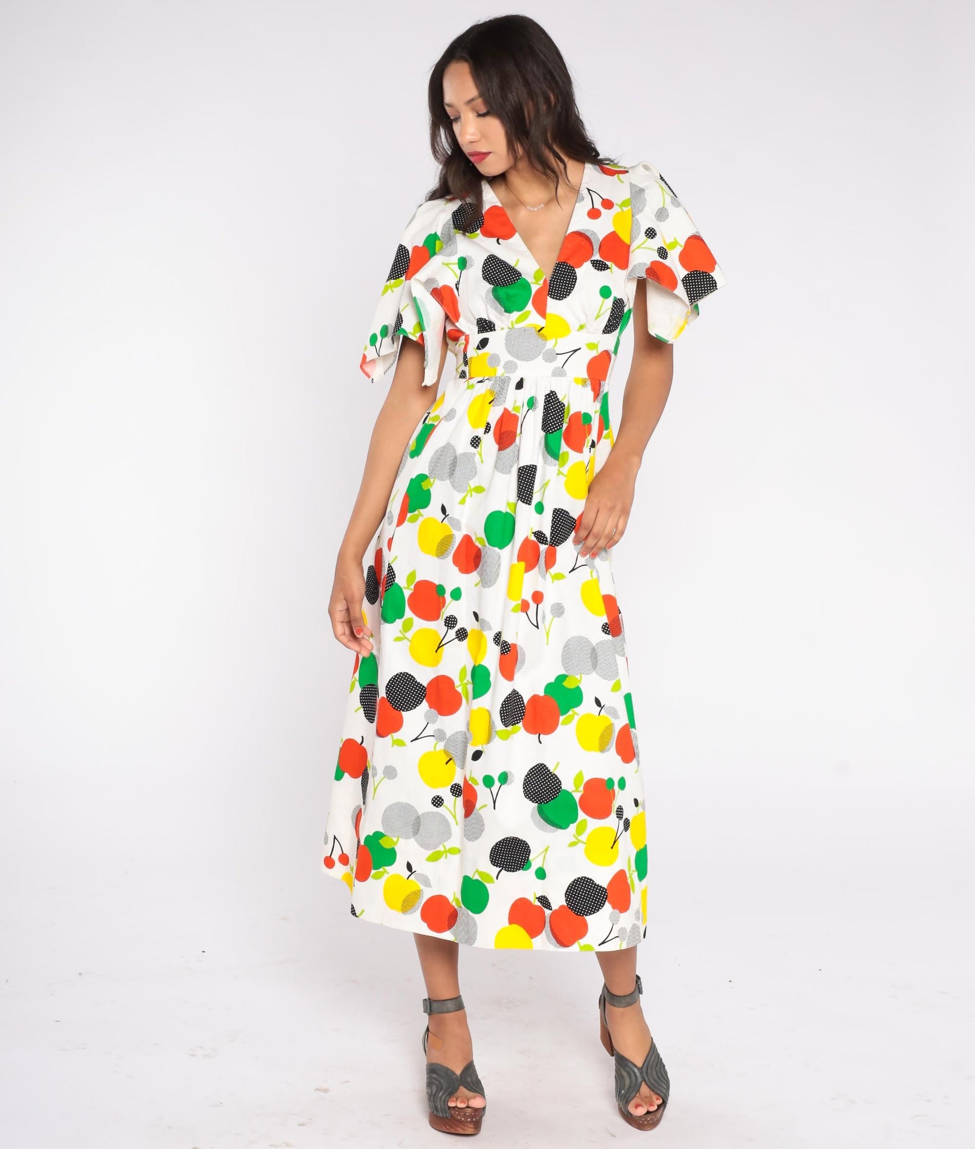 70s Apple Fruit Print Cotton Sundress Flutter Sleeve V-Neck White Medium