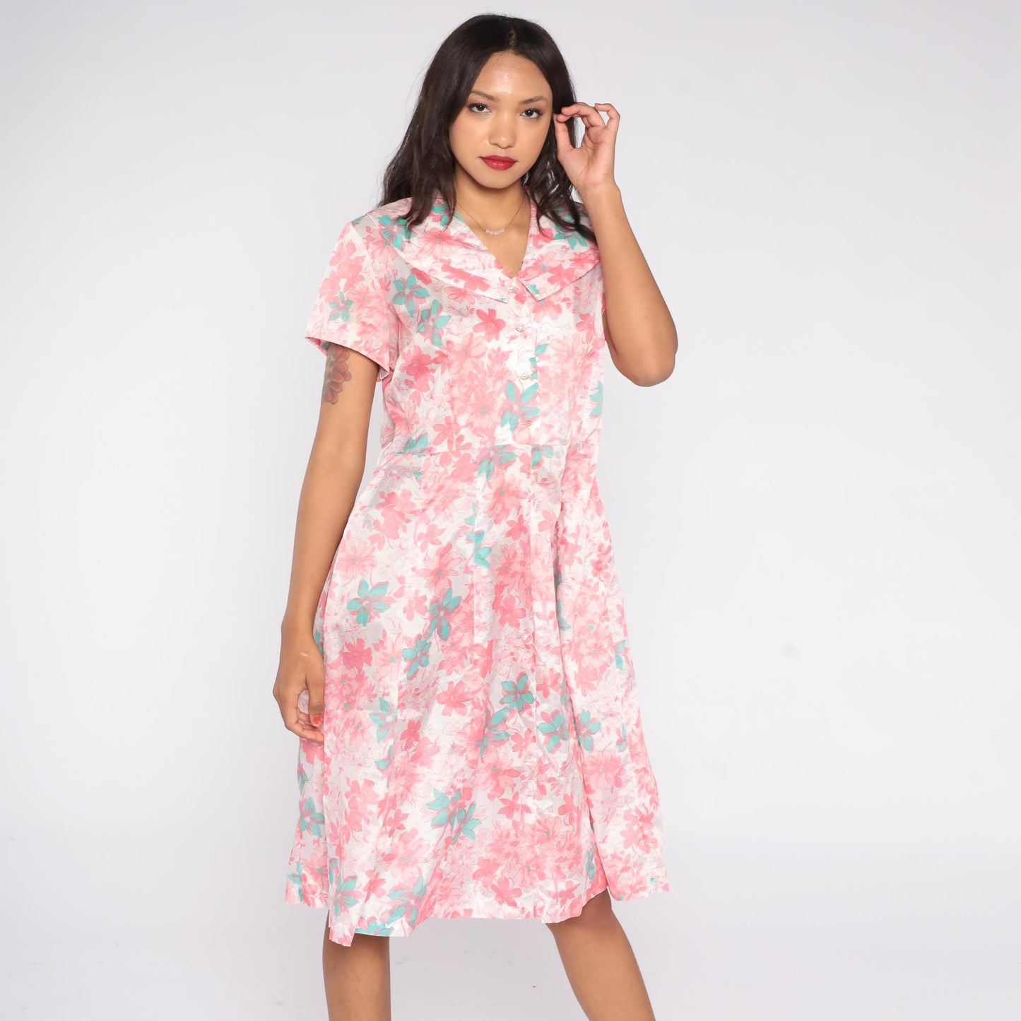 60s Mode O Day Floral Shirt Dress Pink Mint Midi Large L