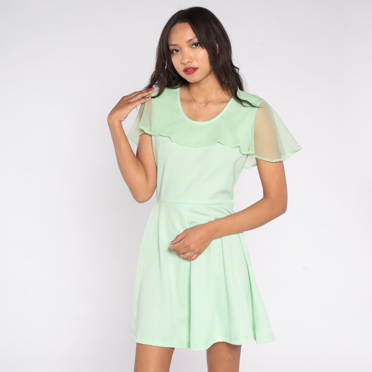 70s Mint Green Babydoll Mini Dress Flutter Sleeve Chiffon Medium