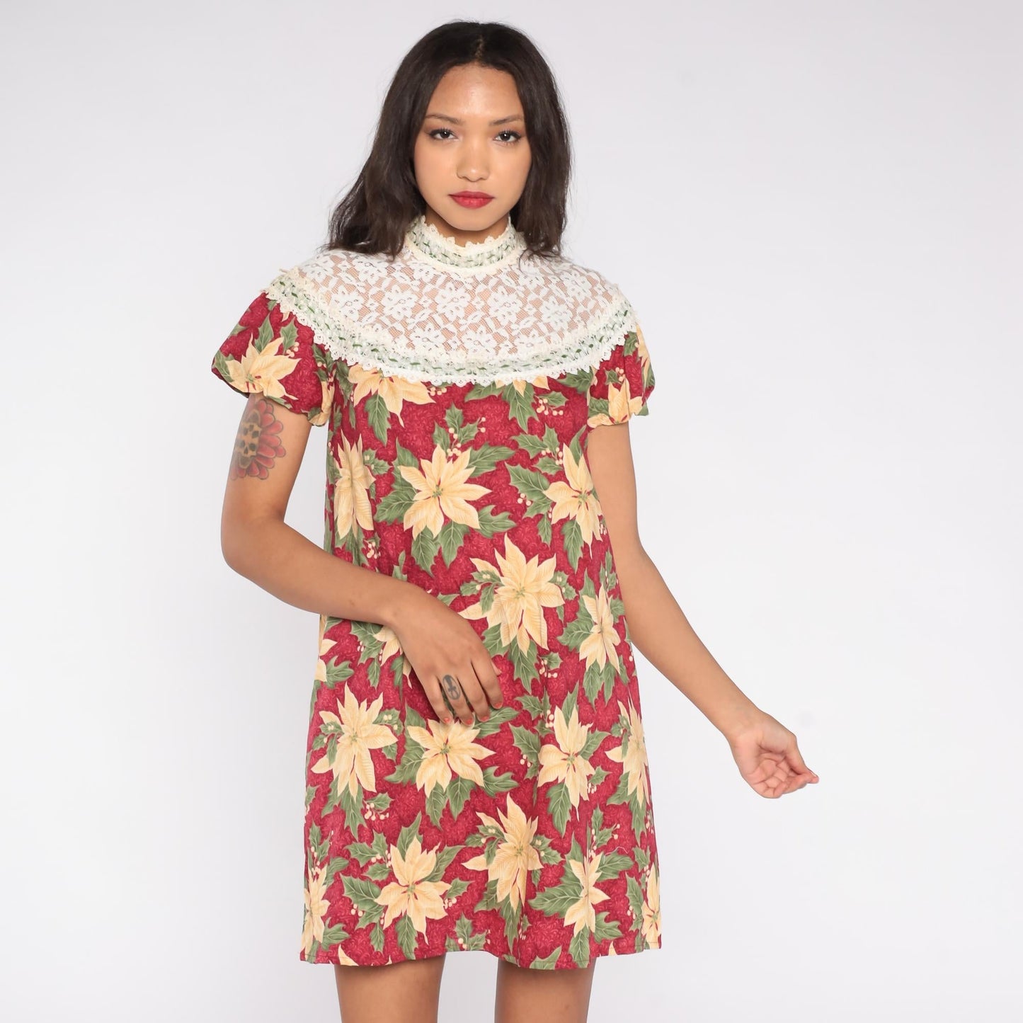 70s Princess Kaiulani Poinsettia Mini Dress Cotton Floral Red Cream Small