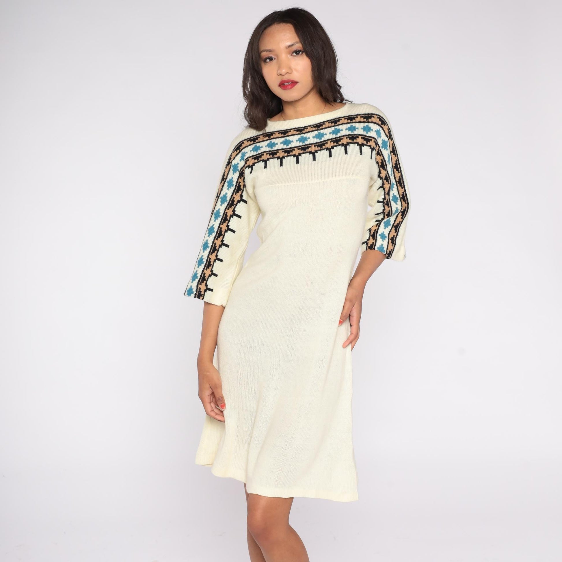 70s Cream Knit Sweater Dress Geometric Yoke Midi Flared Sleeve Small