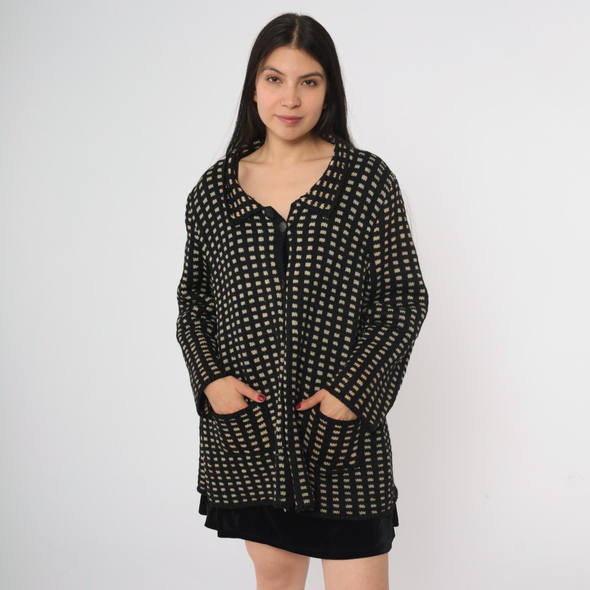 80s Black Cream Check Wool Sweater Coat Collared Cardigan Large L
