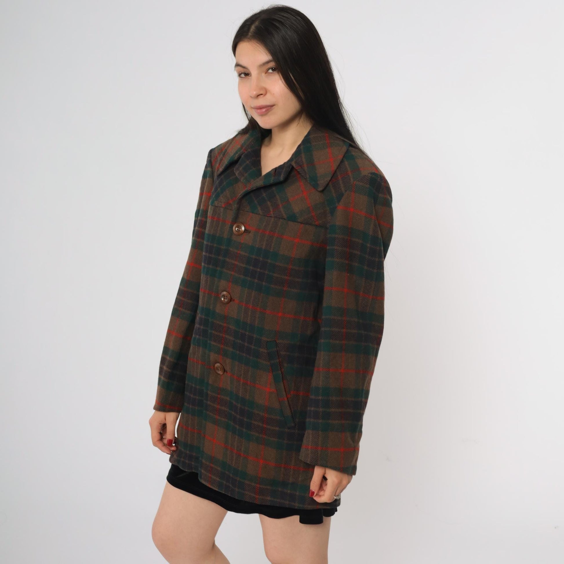 70s Pendleton Wool Coat Brown Green Red Plaid Button Front Medium M