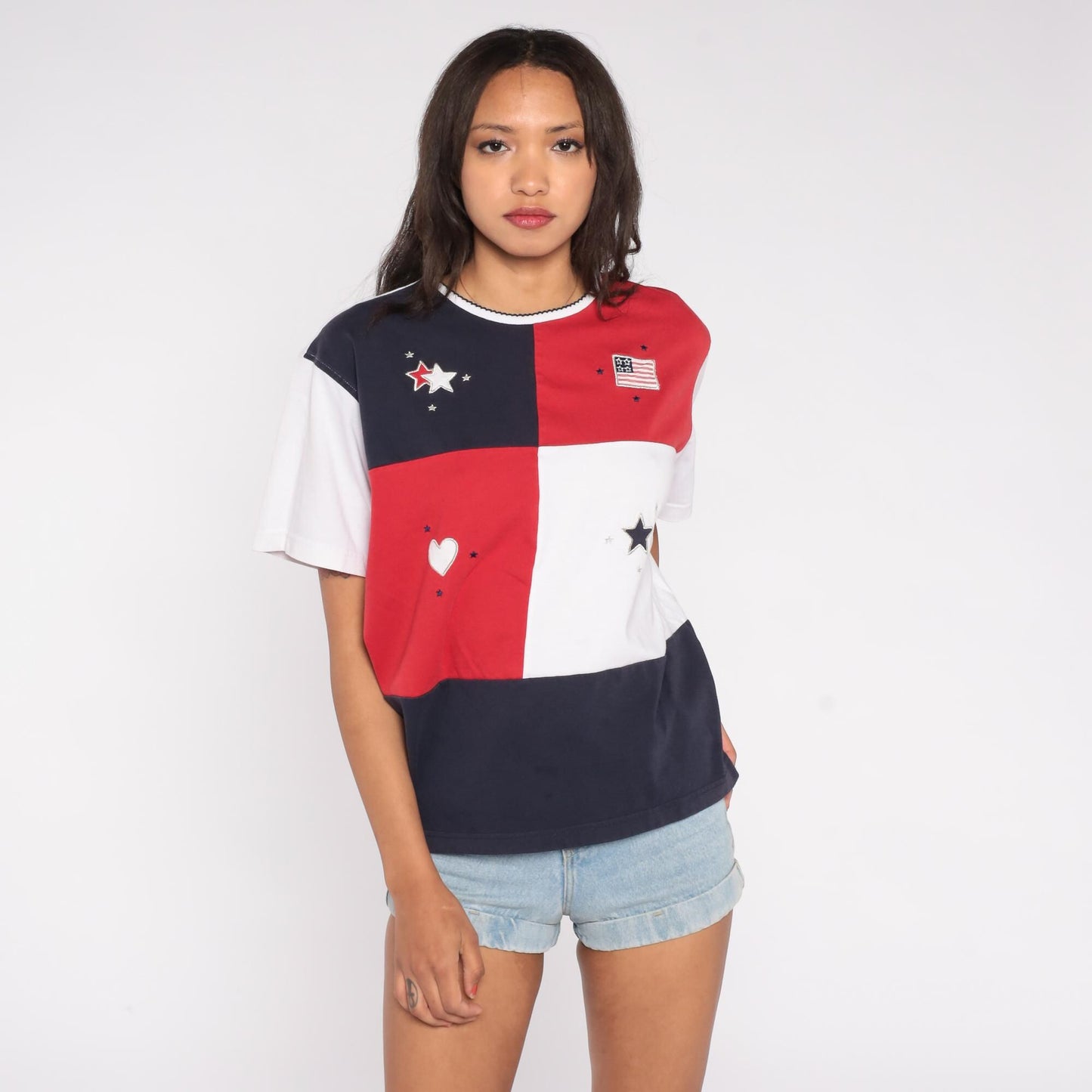 90s Studio Works American Flag Colorblock T-Shirt Red White Navy Large L