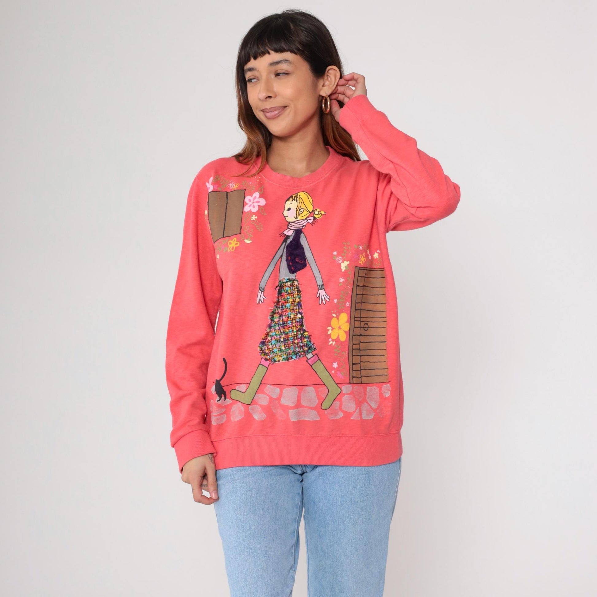 Y2K Coral Pink Sweatshirt Girl Illustration Cat Graphic Crewneck Medium M