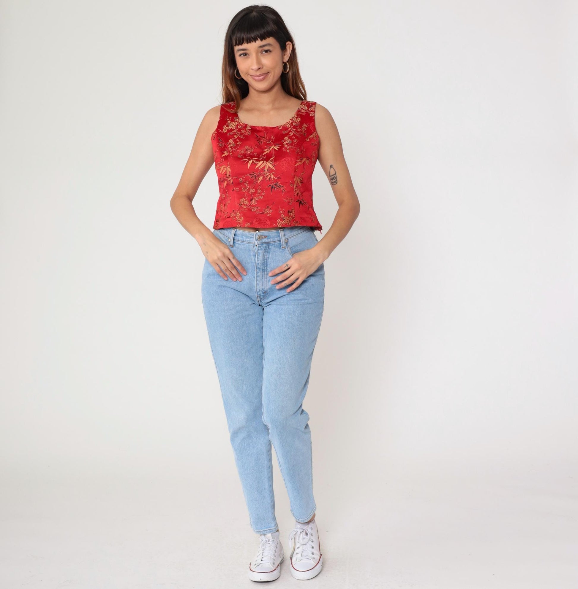 00s Red Satin Crop Top Cherry Blossom Bamboo Print Scoop Neck Small