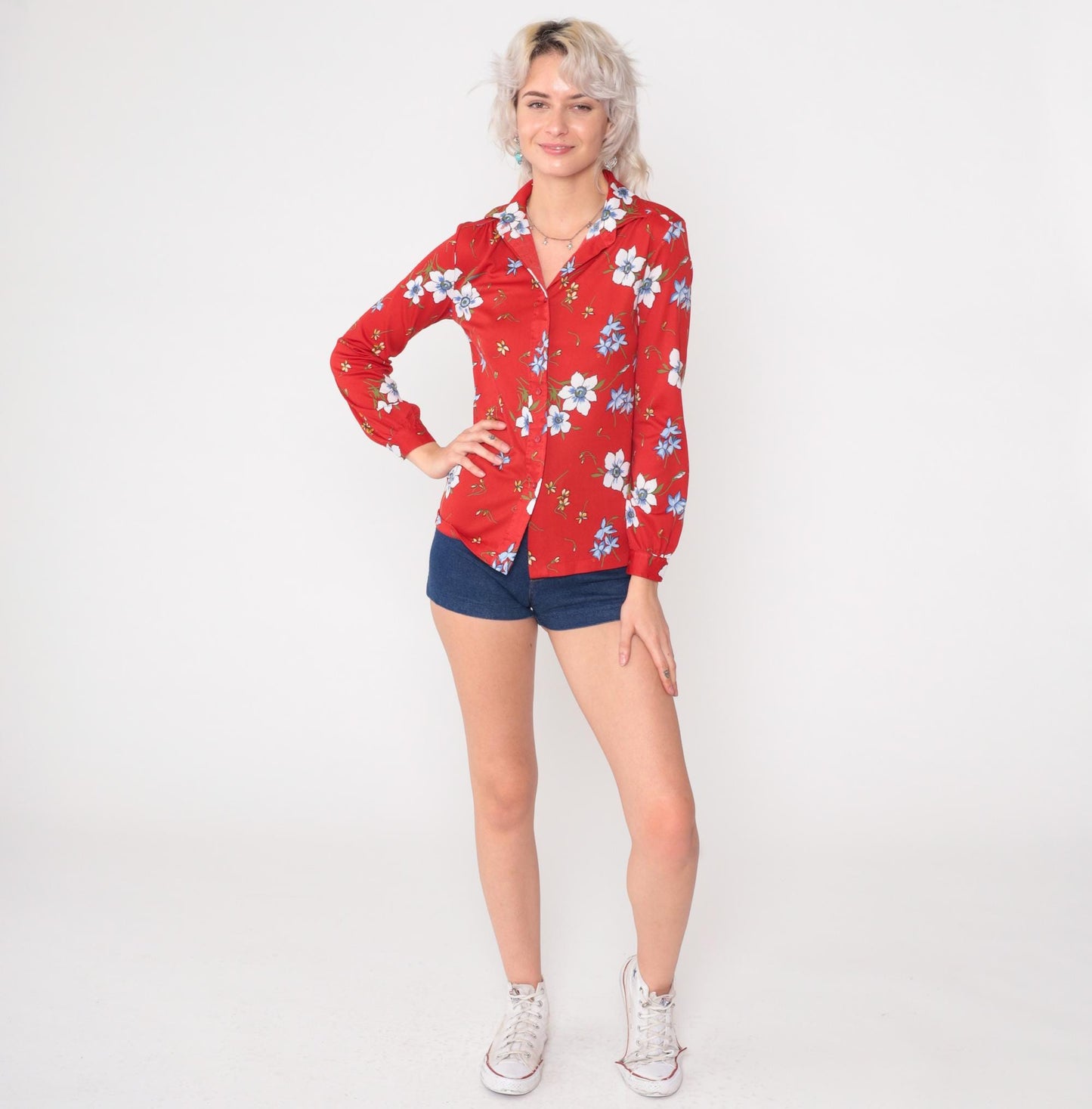 70s Red Floral Polyester Button-Up Blouse White Blue Poppy Print Small