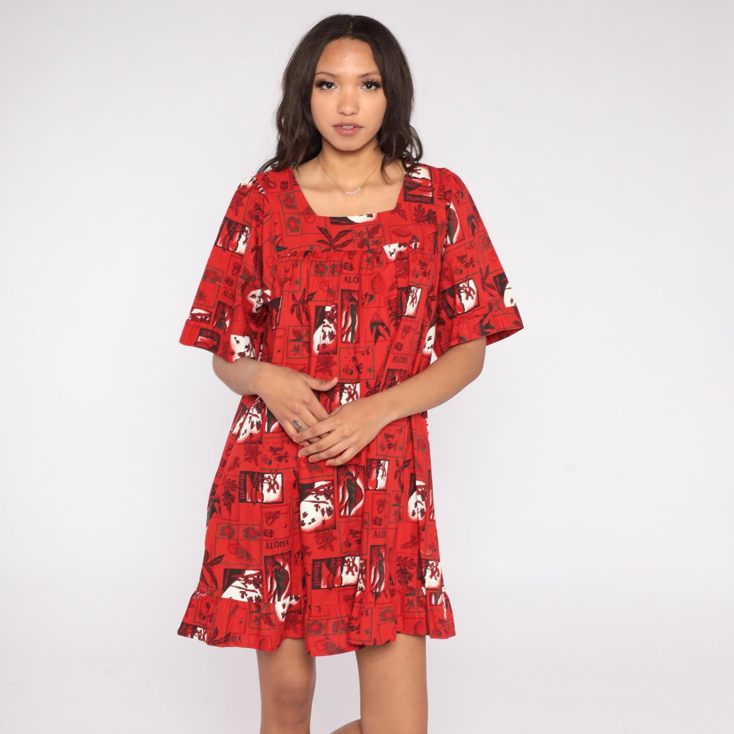 80s Hawaiian Cotton Mini Dress Pineapple Aloha Block Print Red Extra Large