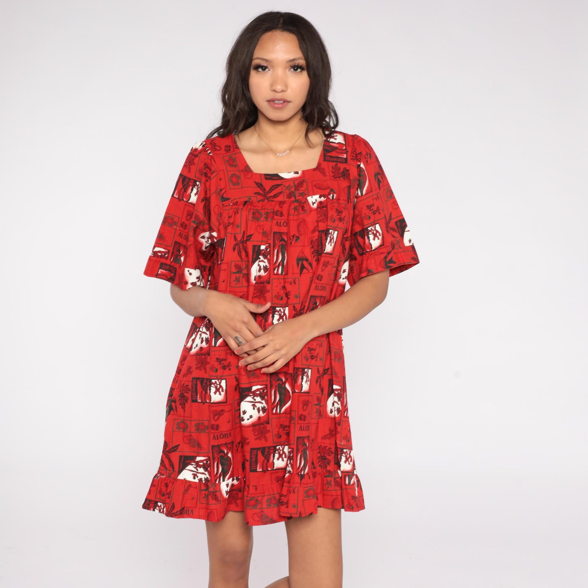 80s Hawaiian Cotton Mini Dress Pineapple Aloha Block Print Red Extra Large