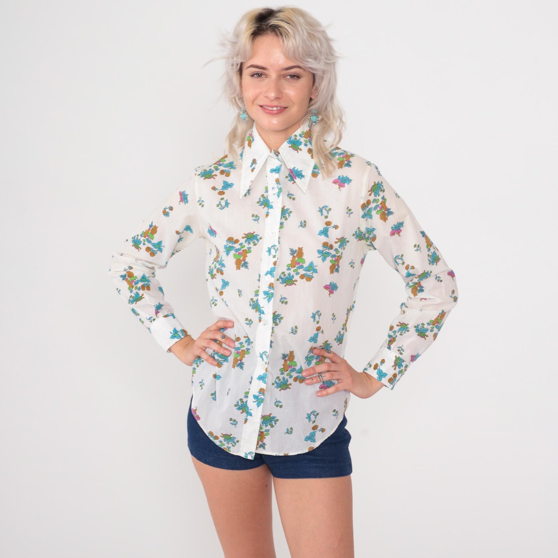 70s Animal Print Button Down Shirt Owl Turtle White Cotton Small S