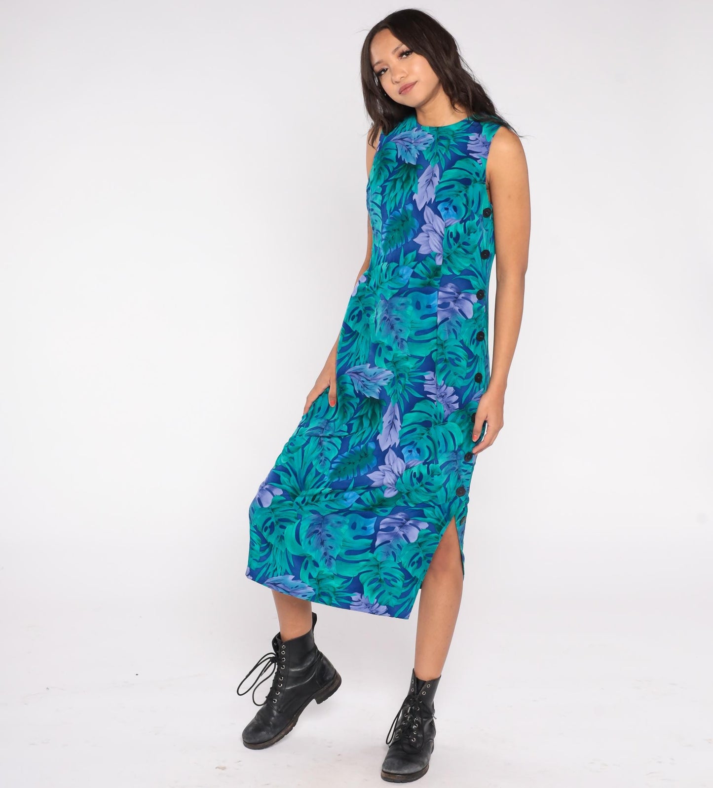 90s R&K Originals Botanical Maxi Dress Emerald Teal Lavender Navy Size 8