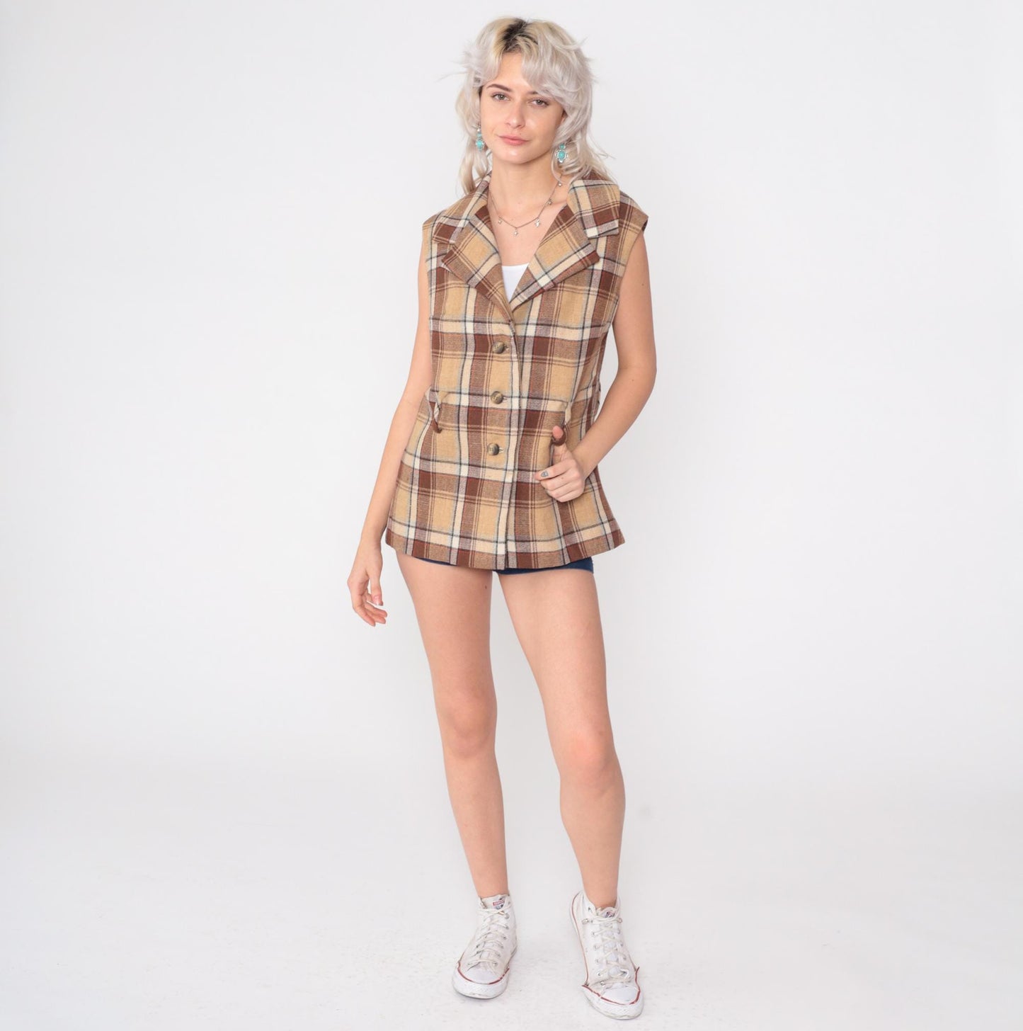 70s Plaid Wool Vest Tan Brown Double-Breasted Lapel Tailored Large L