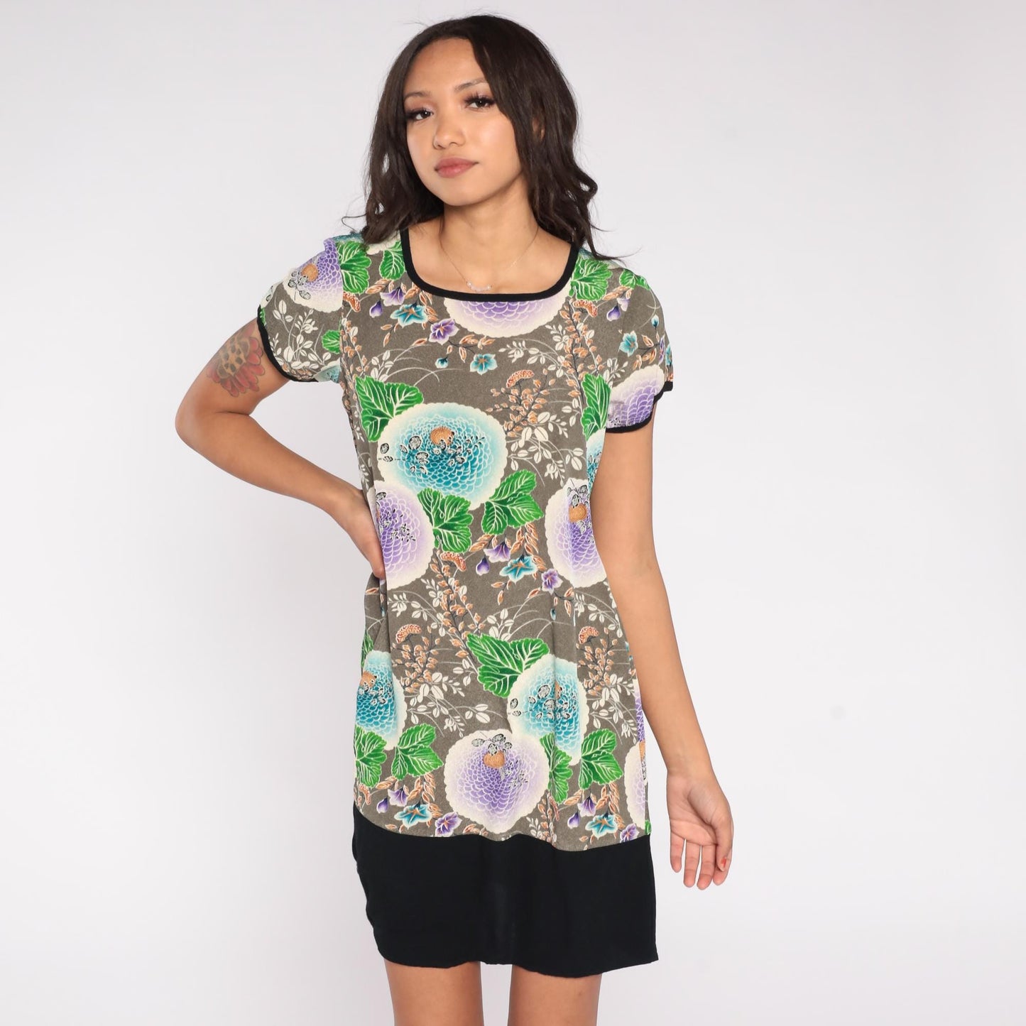 90s Floral Mini Dress Grey Turquoise Lilac Leaf Print Ringer Trim Small S