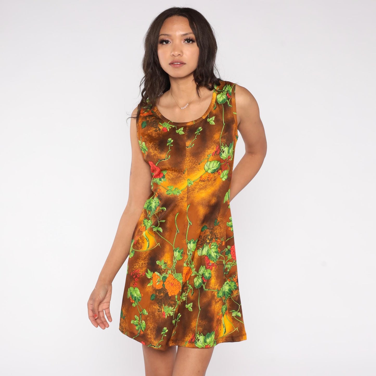 70s Floral Mini Dress Burnt Orange Rose Print Shift Sleeveless Medium