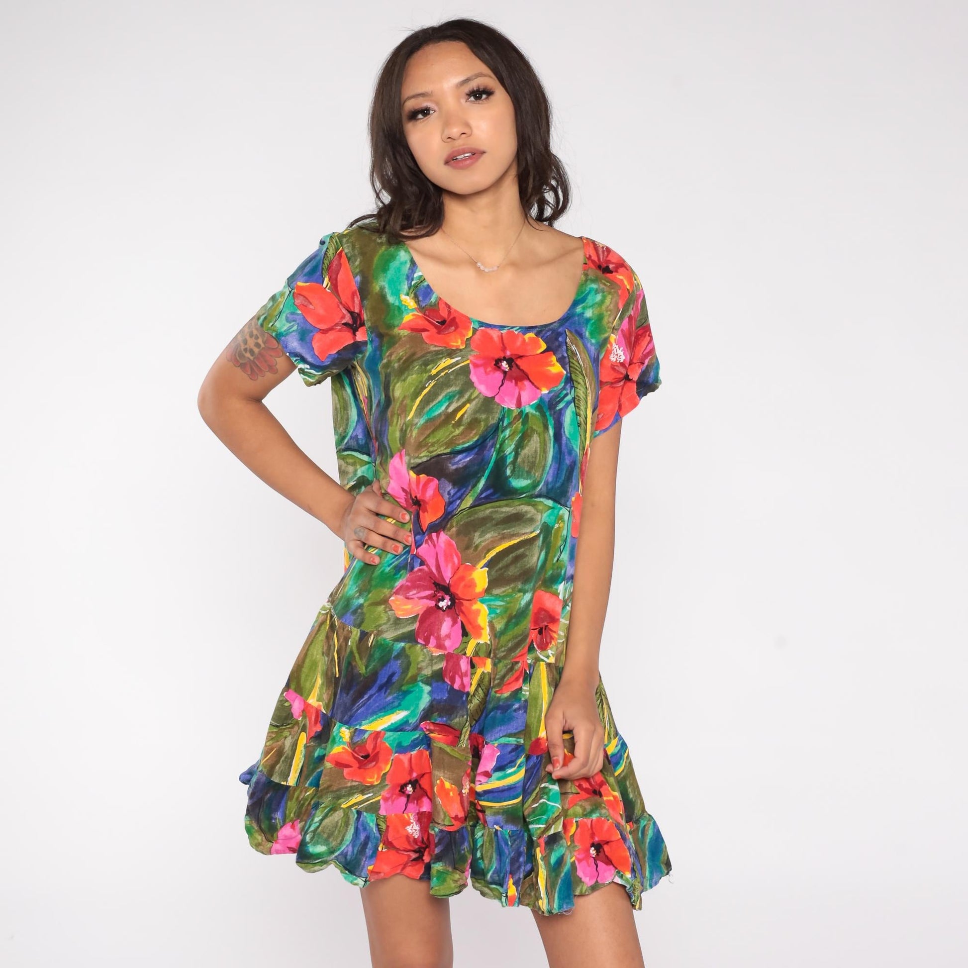 90s Jacqueline Studio Hibiscus Mini Dress Coral Pink Floral Rayon Medium