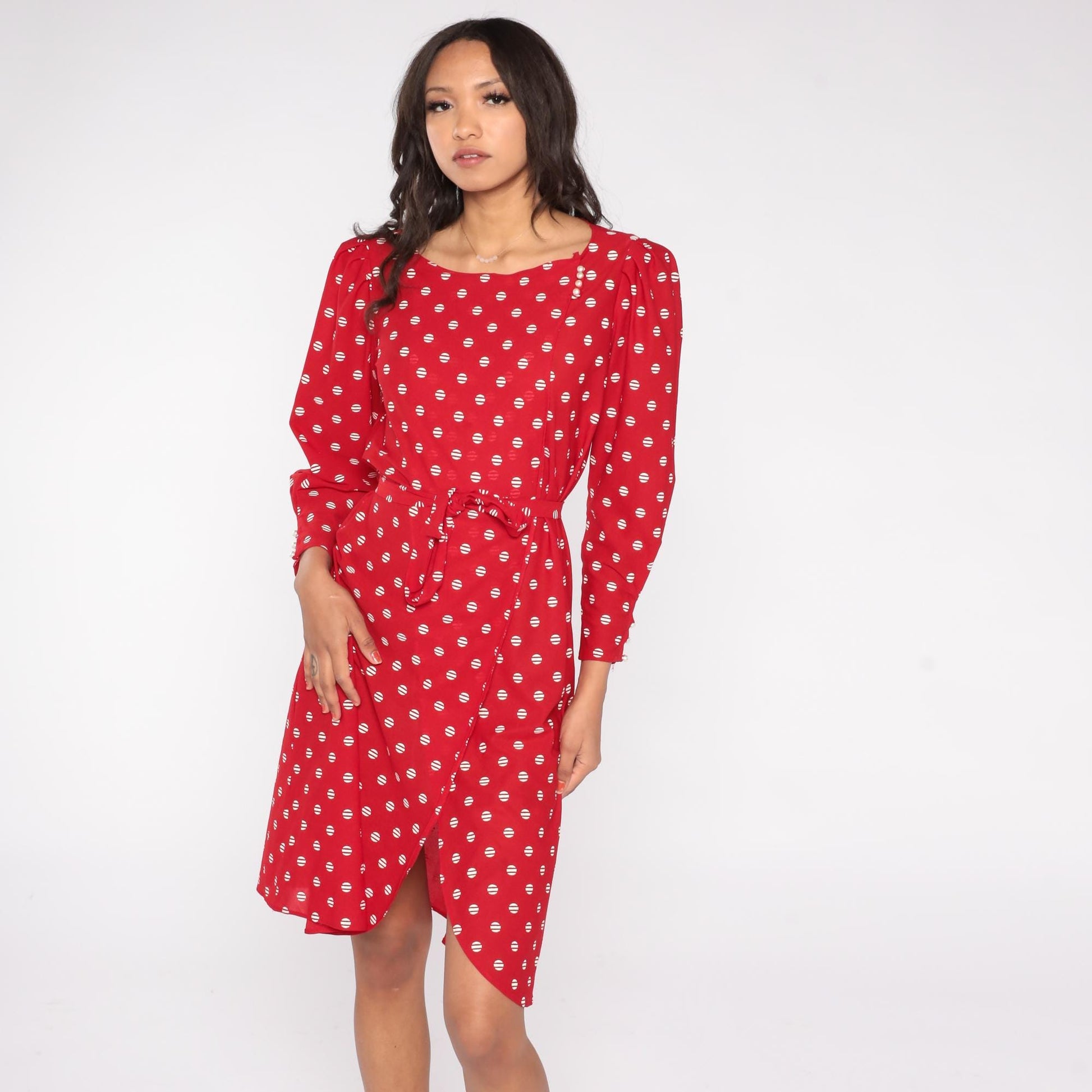 80s Jane Baar New York Red Polka Dot Wrap Dress Long Sleeve Small