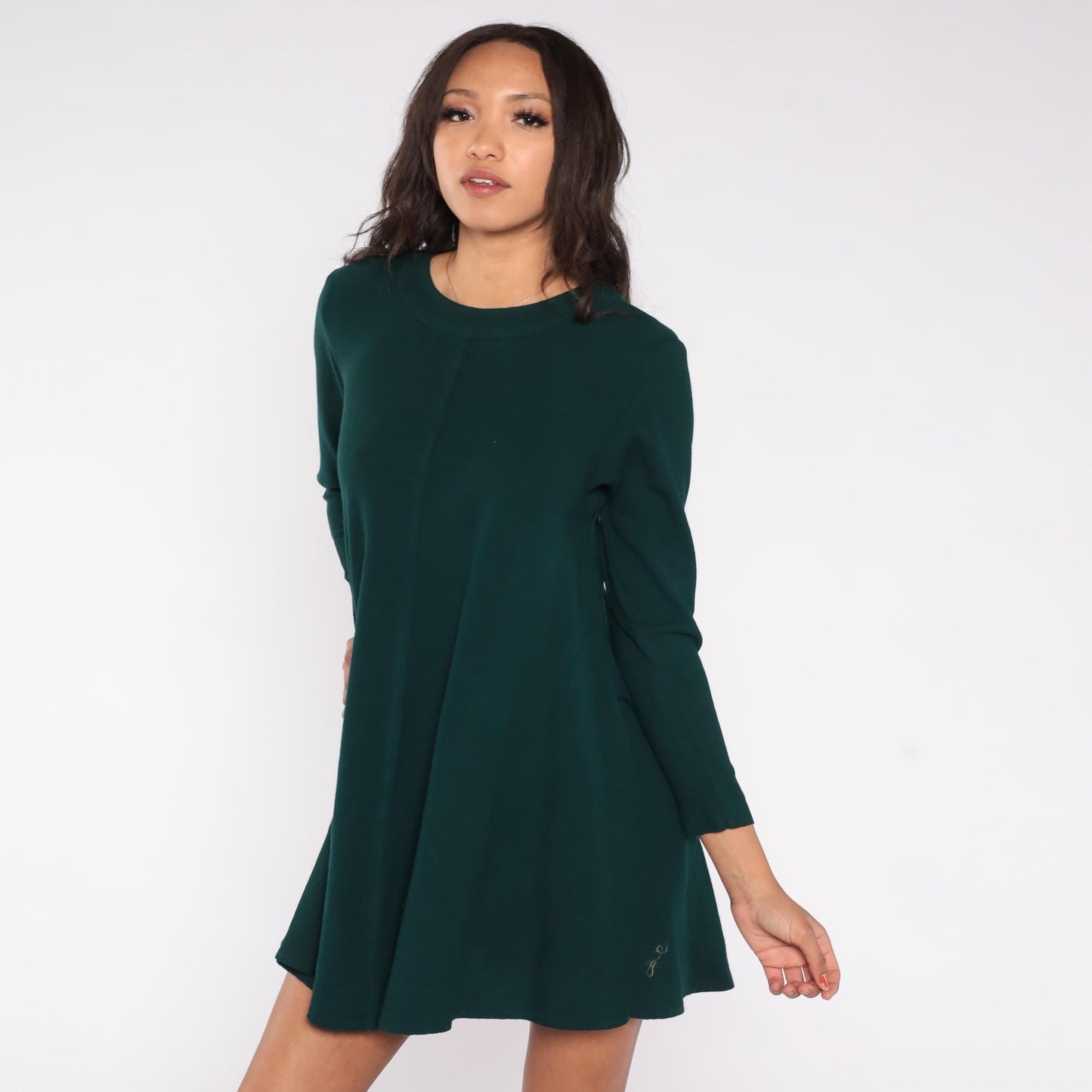 90s Forest Green Wool Blend Mini Dress Long Sleeve A-Line Back Zipper Small