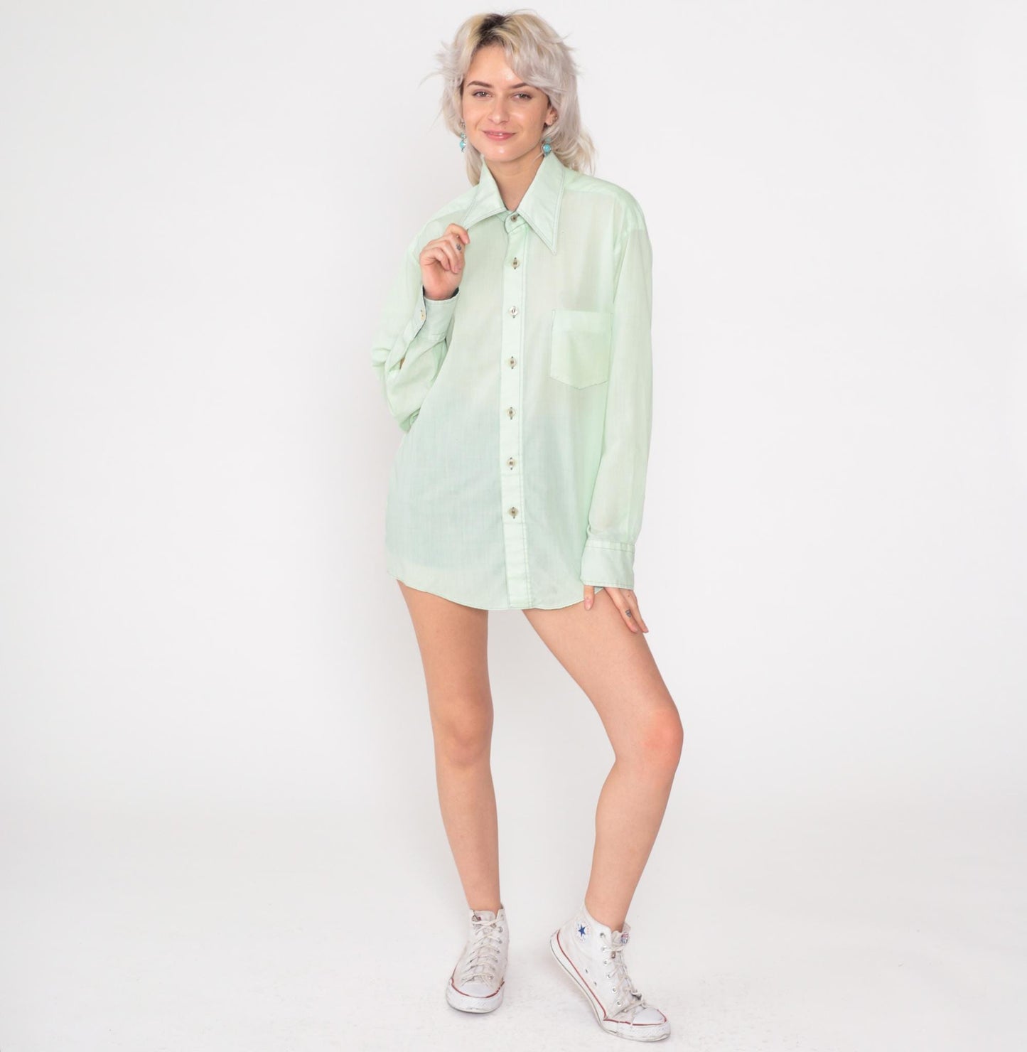 70s Van Heusen Mint Green Button Down Shirt Pointed Collar Polyester Medium