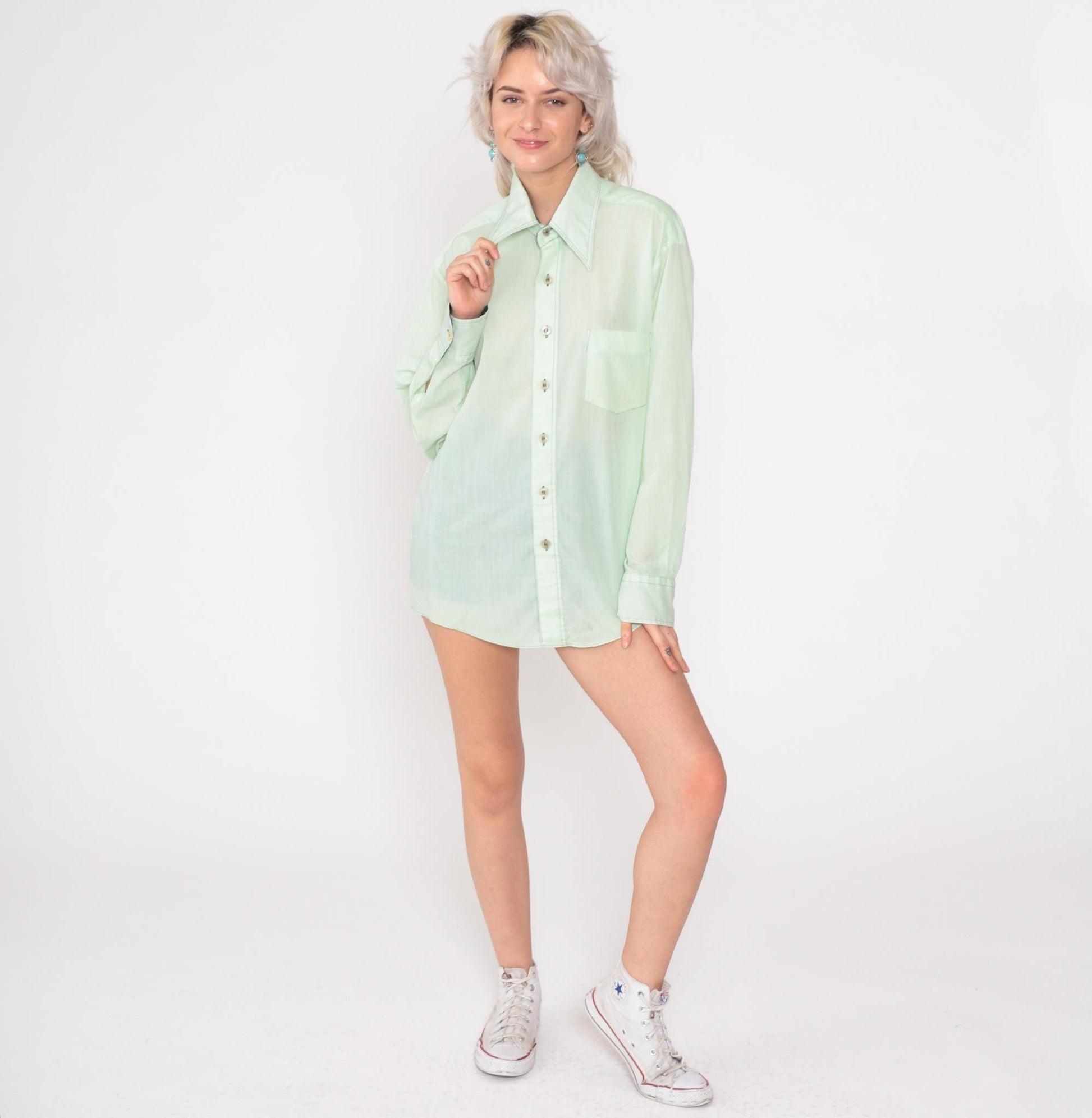 70s Van Heusen Mint Green Button Down Shirt Pointed Collar Polyester Medium