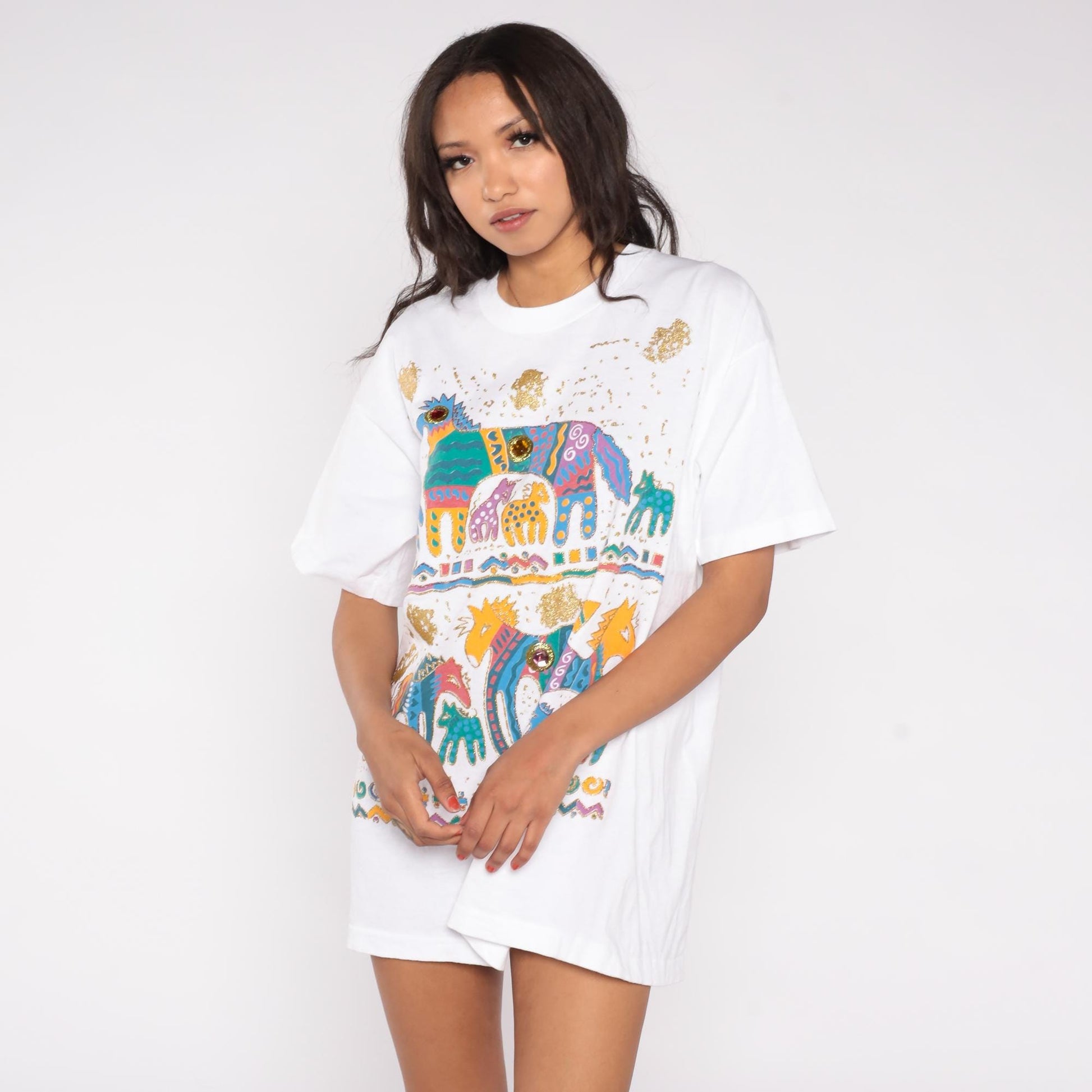 90s Fruit of the Loom Southwestern Horse Graphic T-Shirt Gold Glitter Jeweled Extra Large XL