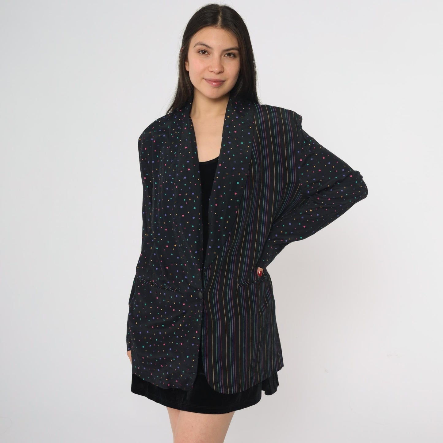 80s Columbus Circle Blazer Black Multicolor Dot Stripe Single Button Medium