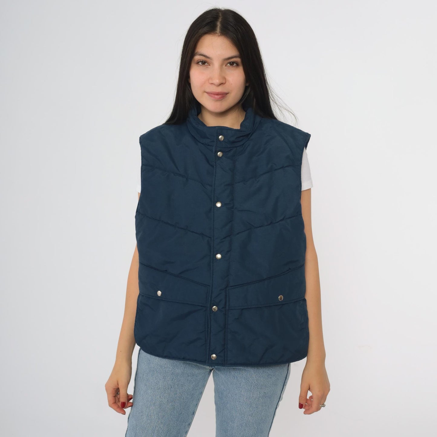 80s CB Navy Puffer Vest Quilted Nylon Snap Front Insulated Large